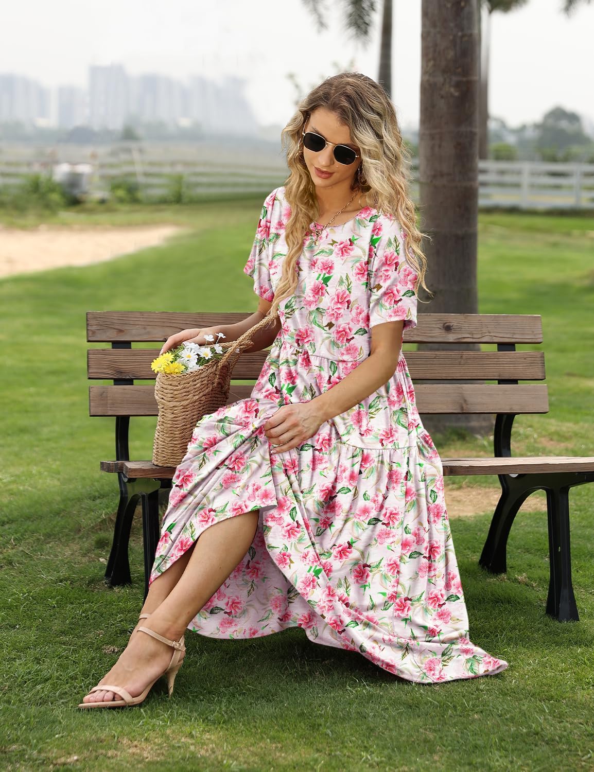 Detalle de YESNO Women Casual Loose Bohemian Floral Maxi Dress with Pockets