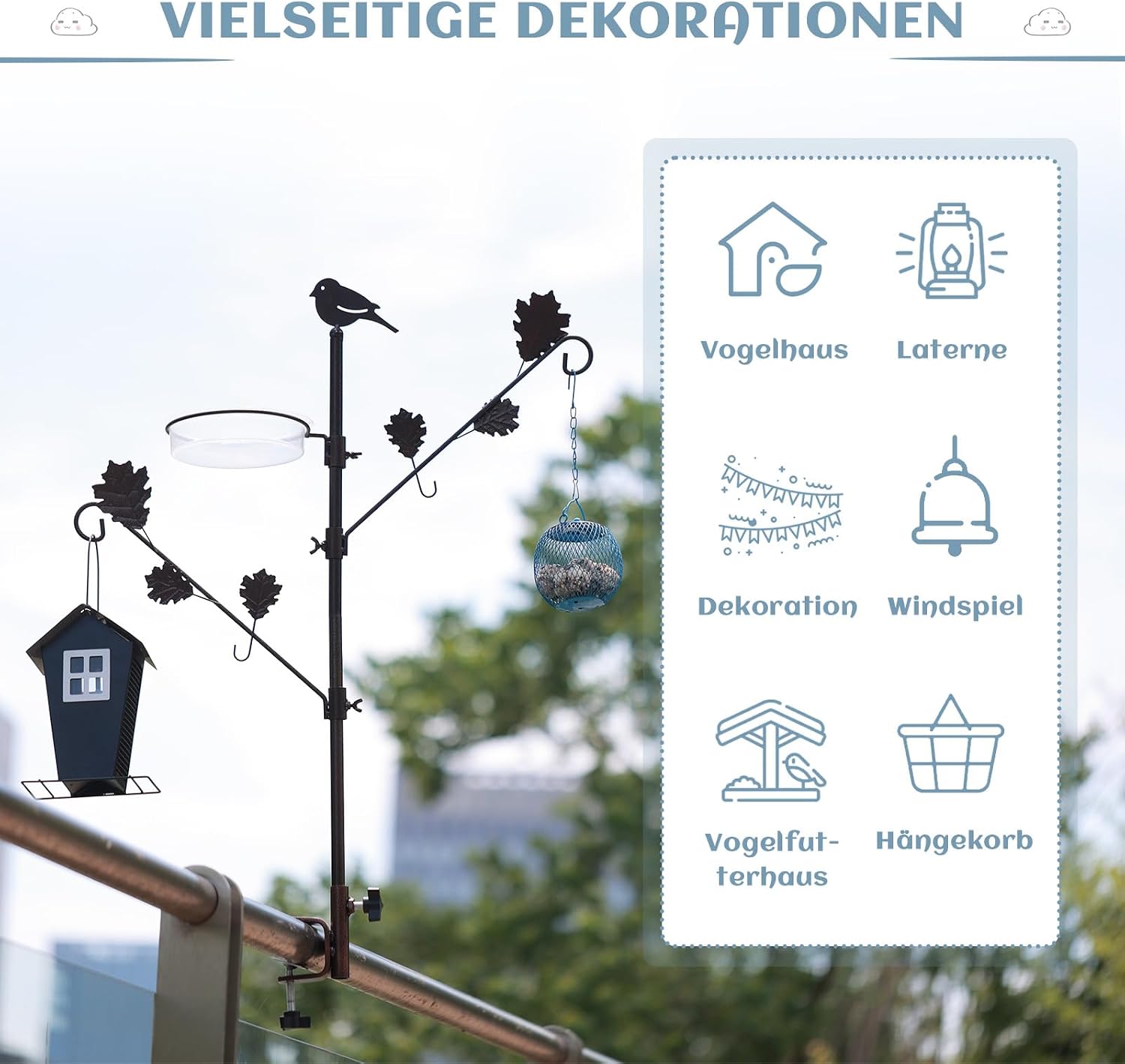 Thumbnail 6 de Urban Deco Deck-Mounted Bird Feeder Pole with Two Adjustable Branches and Tray