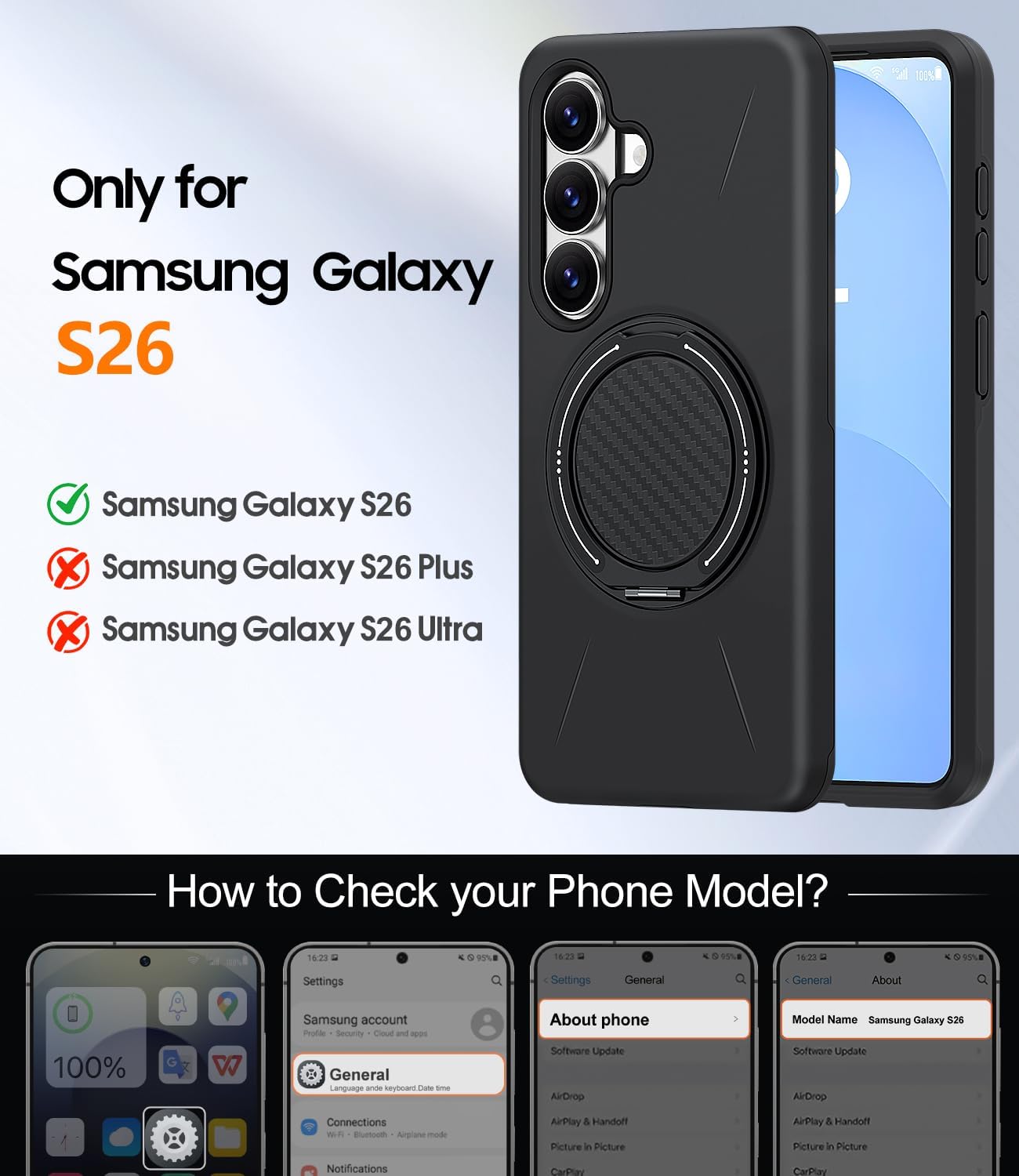 Detalle de AOUIA Samsung S26 Case with 2-Pack Screen Protector: Military-Grade Shockproof Protection with 360° Rotating Kickstand