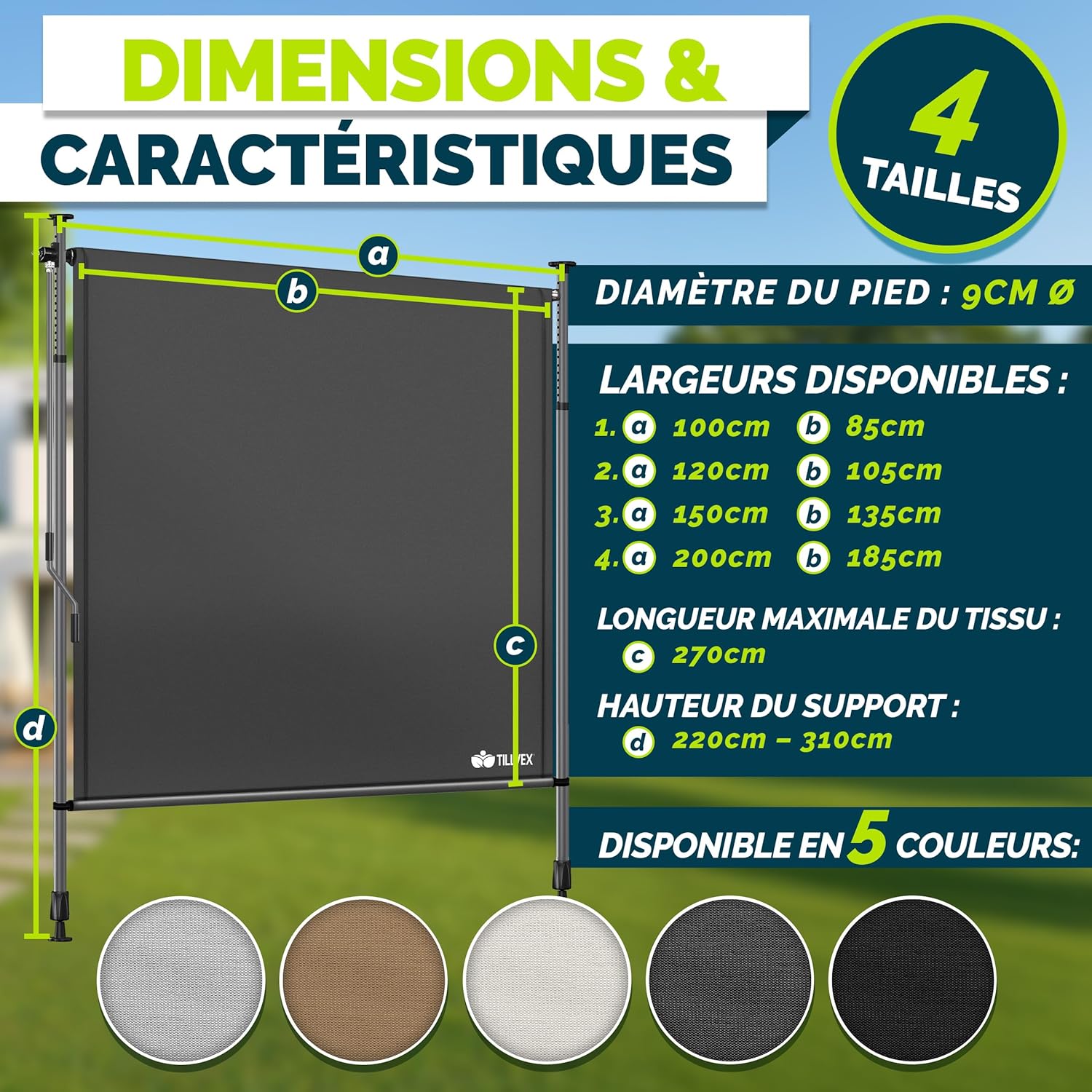 Thumbnail 6 de Tillvex Store vertical 150 x 310 cm anthracite avec manivelle — Brise-vue extensible et étanche, sans perçage