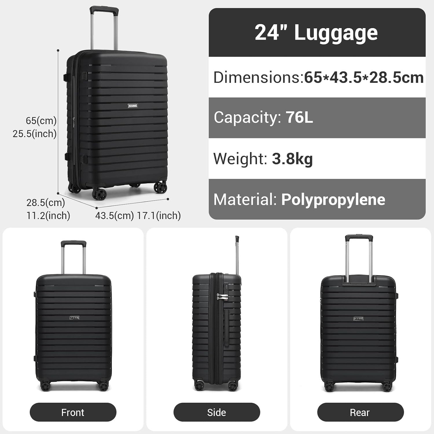 Thumbnail 1 de Kono Medium PP Suitcase, 76L Expandable, 4 Spinner Wheels and TSA Lock