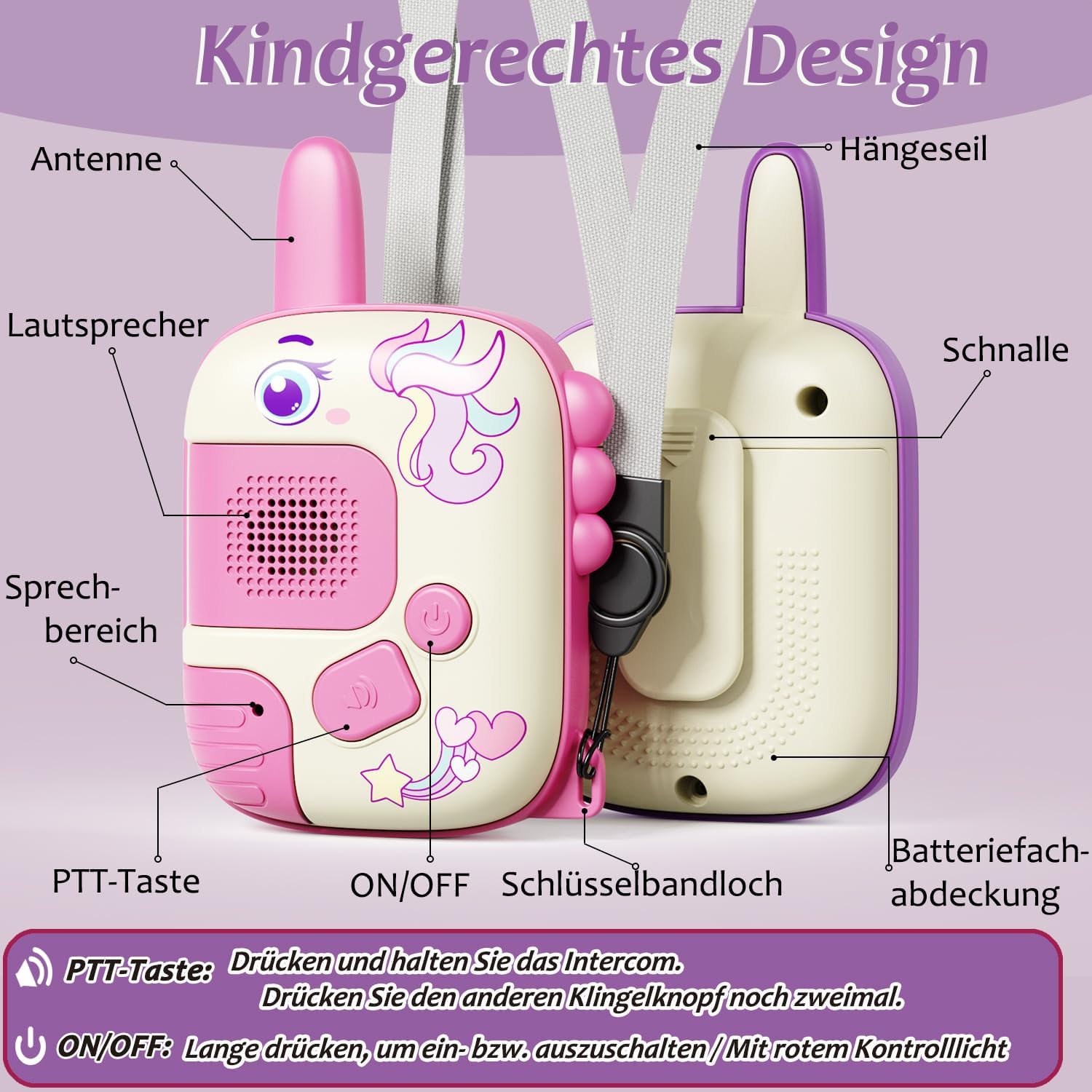 Detalle de Kinder-Walkie-Talkies (ab 3–8 Jahren) mit Einhorn-Design – robustes Spielzeug für Outdoor-Abenteuer
