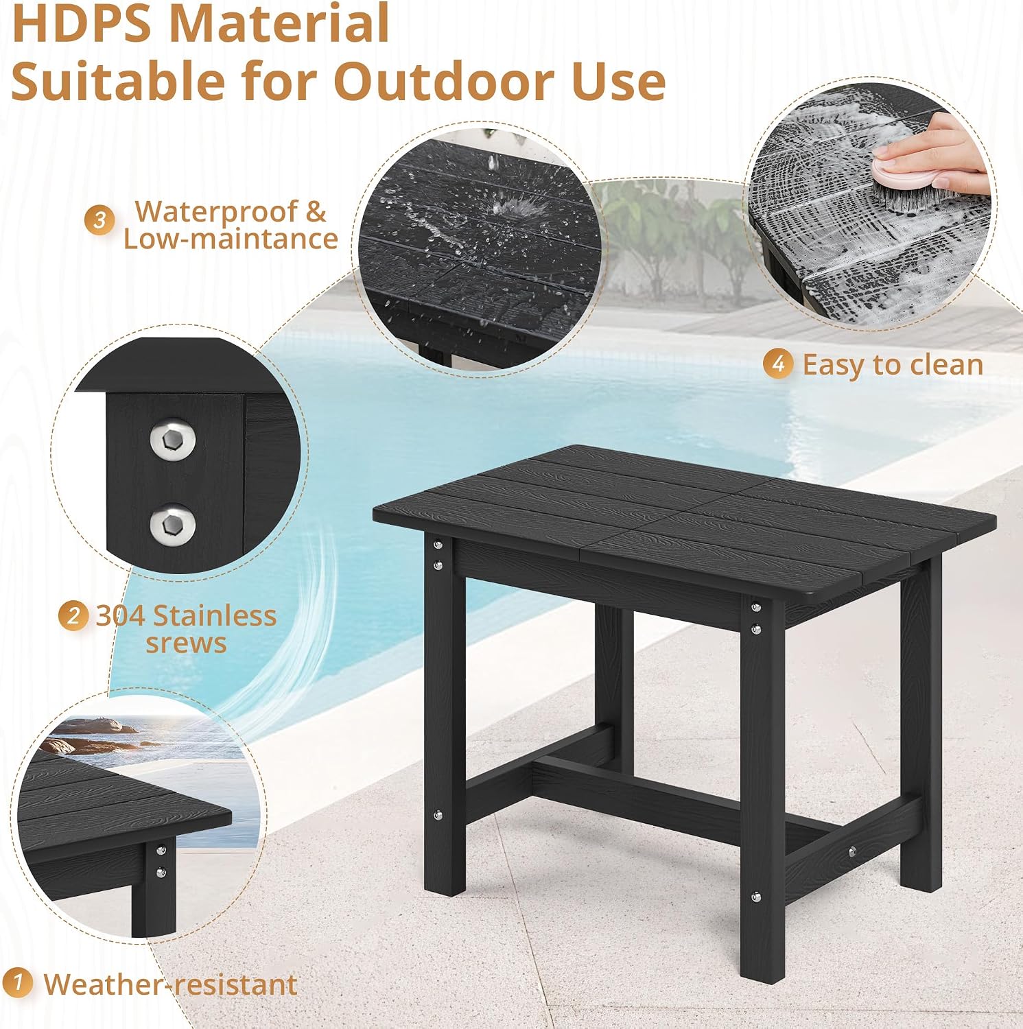 Thumbnail 5 de LUE BONA Outdoor Side Table, Black HDPS, 23.6-Inch Rectangular Top