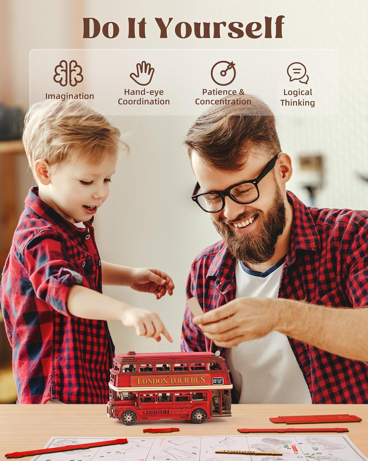 Thumbnail 6 de ROBOTIME Puzzle 3D Maquette bus à impériale de Londres en bois à construire (double niveau)