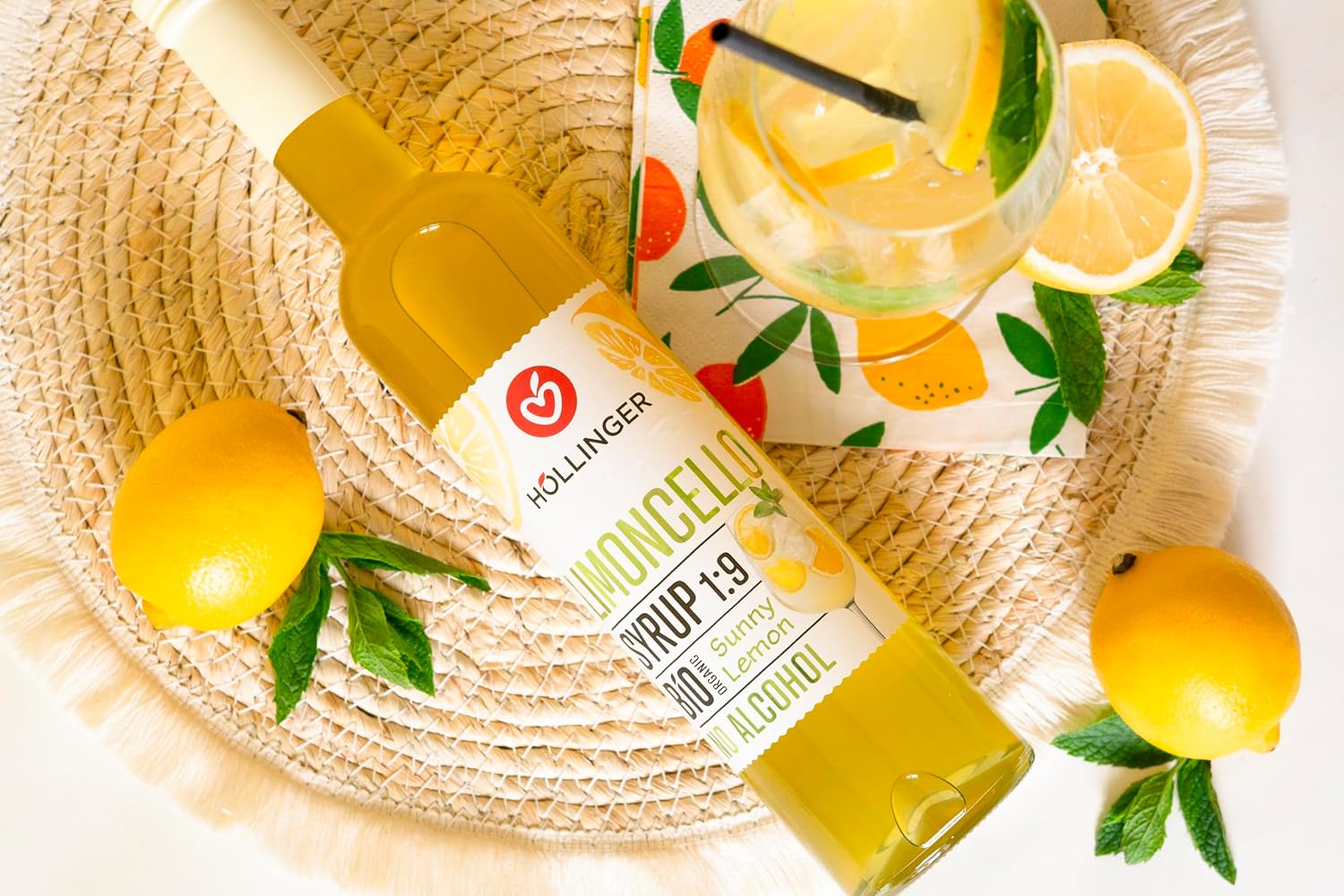 Detalle de Höllinger Bio Cocktailsirup Limoncello (vegan) – alkoholfreier Cocktailmix in 3x50 ml Glasflasche