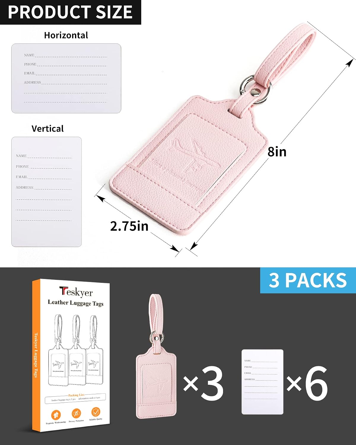 Thumbnail 6 de Teskyer 3 Pack Luggage Tags 2.7 x 4.2 in