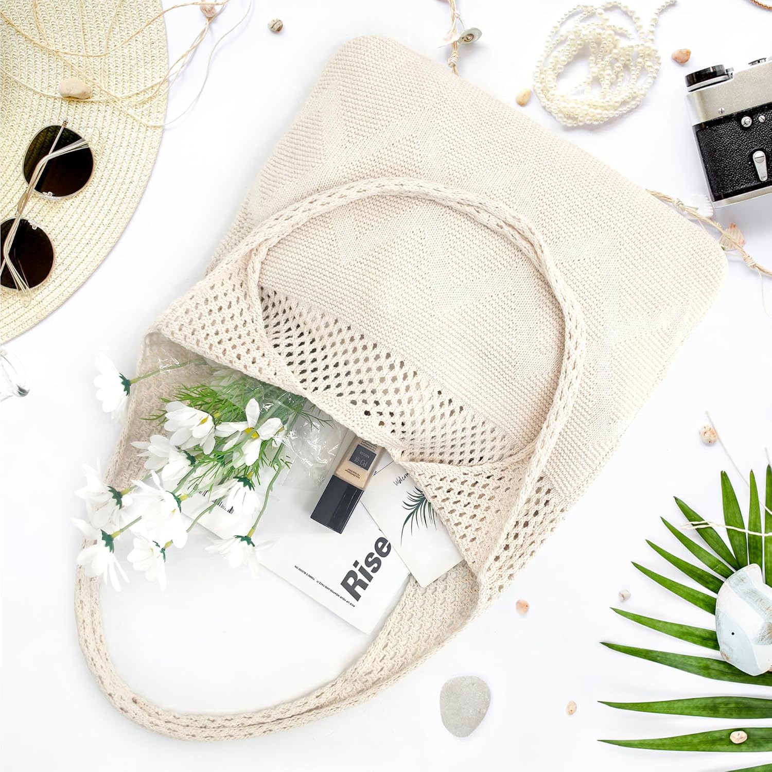 Thumbnail 6 de beifon Strandtasche Damen „Boho“ aus Strickmaschen – Mesh-Beachbag als Tote- und Umhängetasche