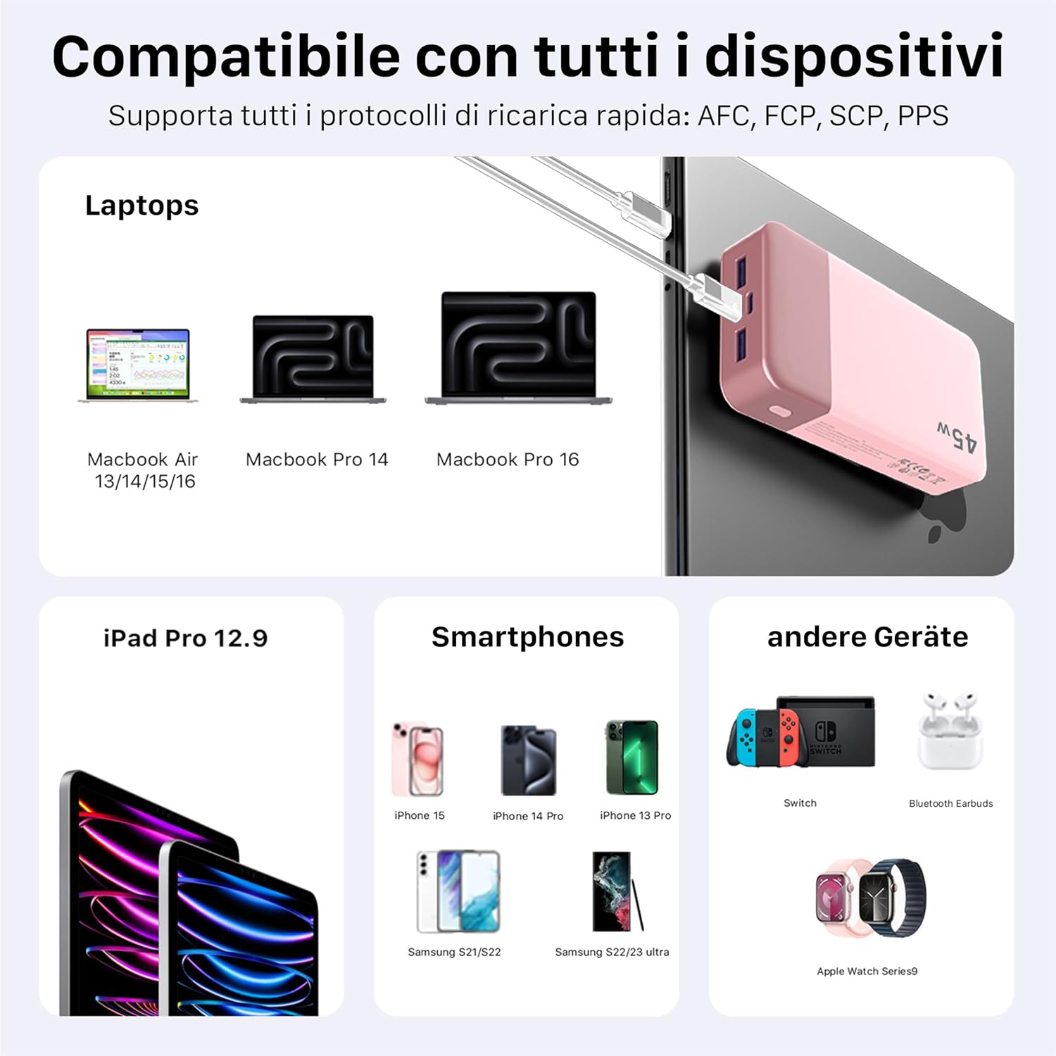 Thumbnail 6 de NOBIS Power Bank 20000mAh 45W: ricarica bidirezionale USB-C 4 porte, display LED – Rosa