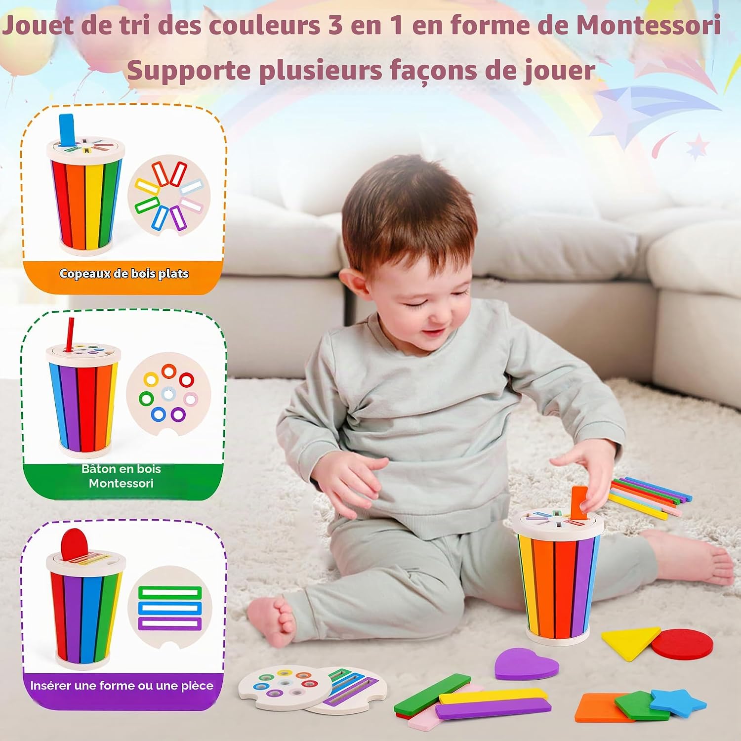 Thumbnail 1 de FCSONU DE-YR0150-colorfulpensorting houten sorteerspeelgoed met regenboogkleuren