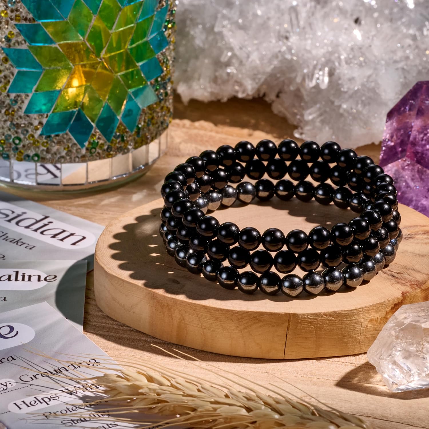 Detalle de Bivei set 3 bracciali con pietre naturali: turmalina nera, ossidiana nera e ematite (3 pezzi, elastico)