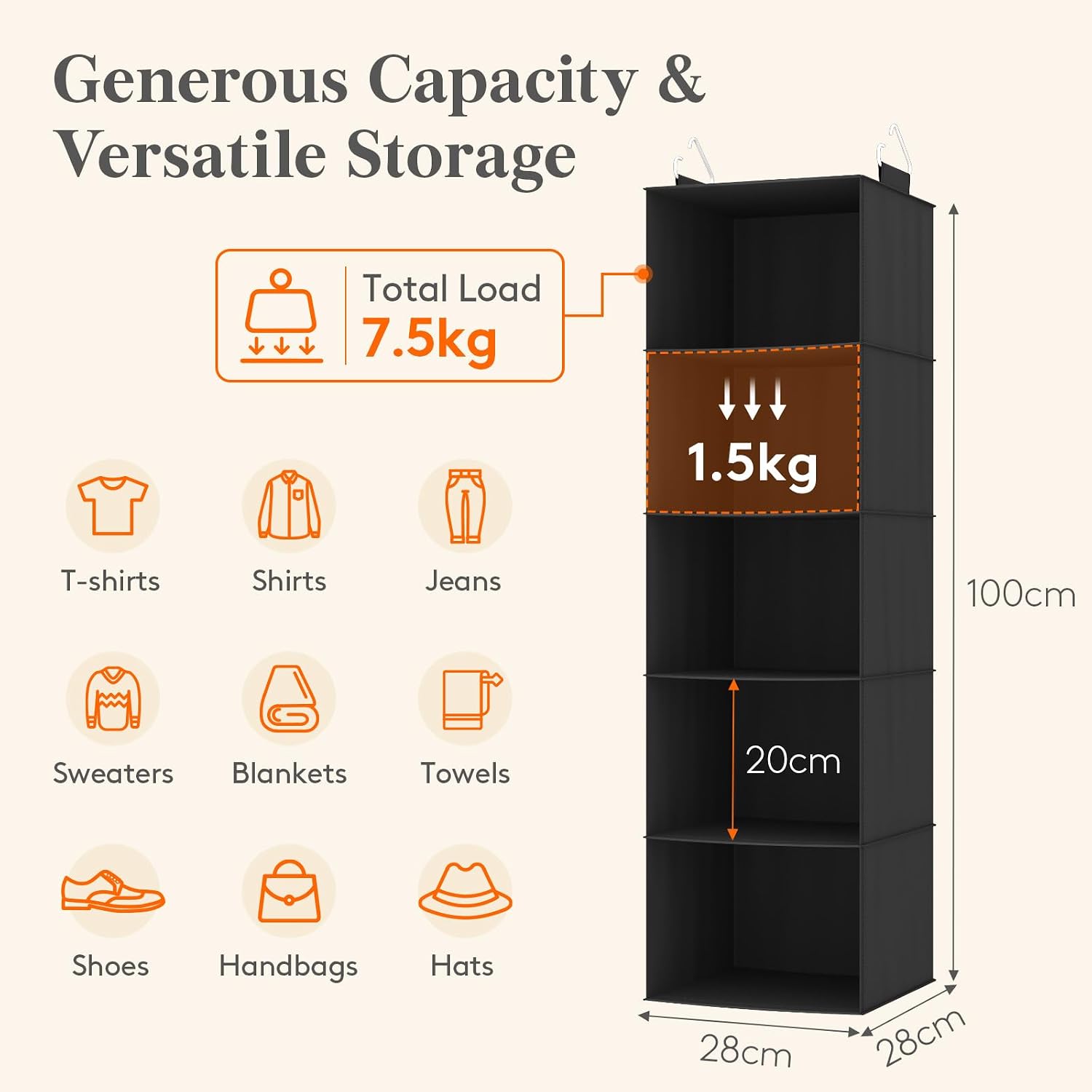 Detalle de Lifewit 25081 Hanging Wardrobe Organiser, Foldable Black Non-woven Storage