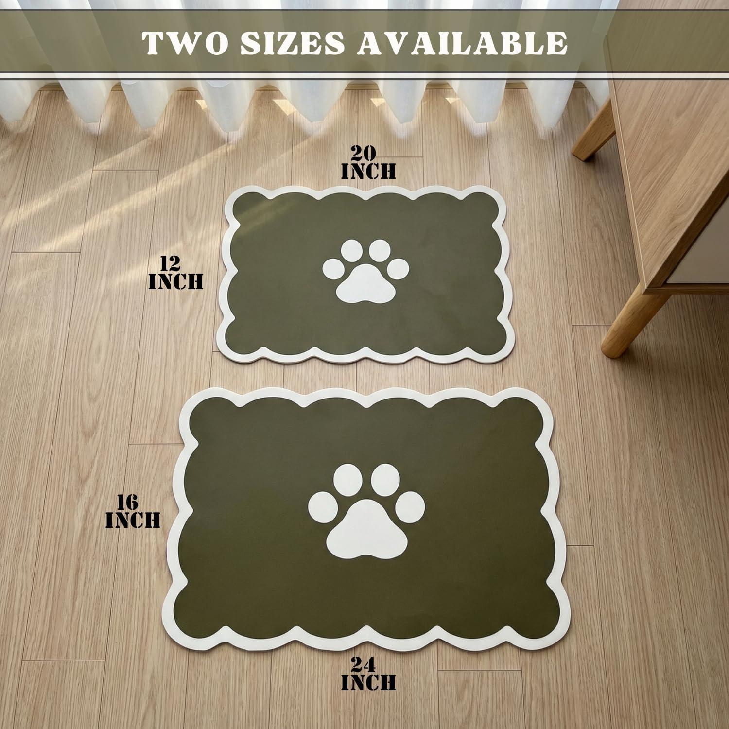 Detalle de Absorbent Pet Food Mat with Scalloped Edge – 30 x 50cm, Sage Green