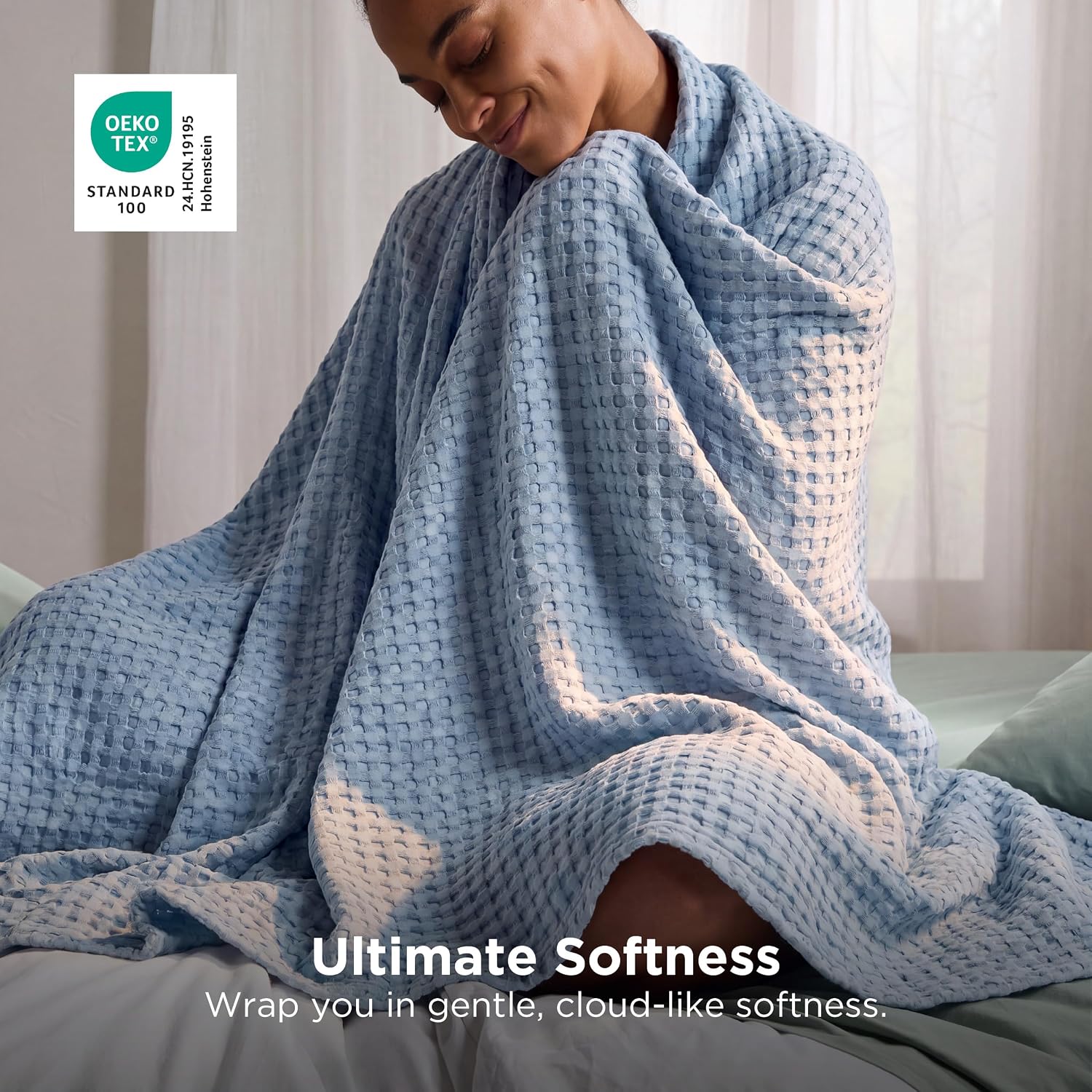 Detalle de Bedsure Cooling Waffle Blanket, King, Sky Blue, Cotton and Bamboo-Derived Rayon
