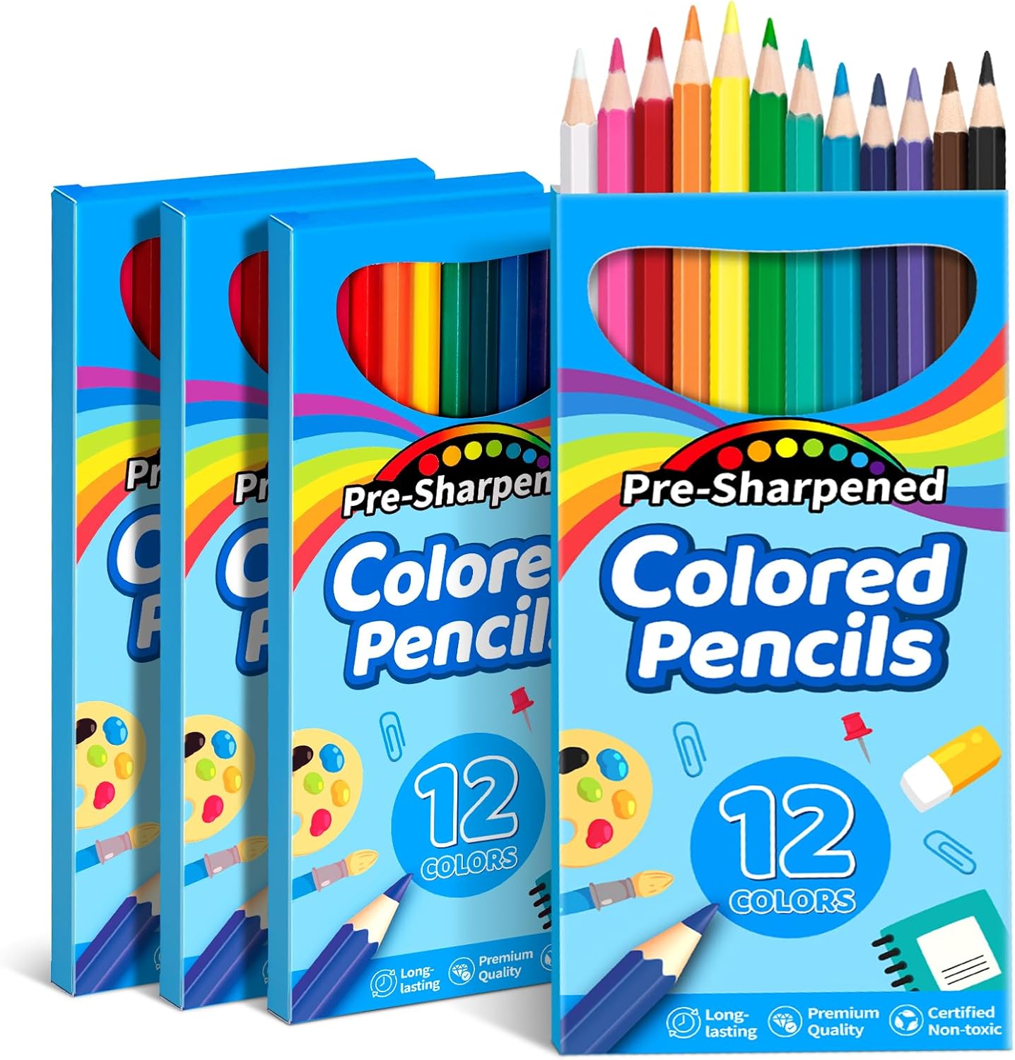 V-Opitos 48-Count Colored Pencils (4 Packs, 12 Colors each) — Pre-sharpened Kids Pencils for School & Classroom Prizes