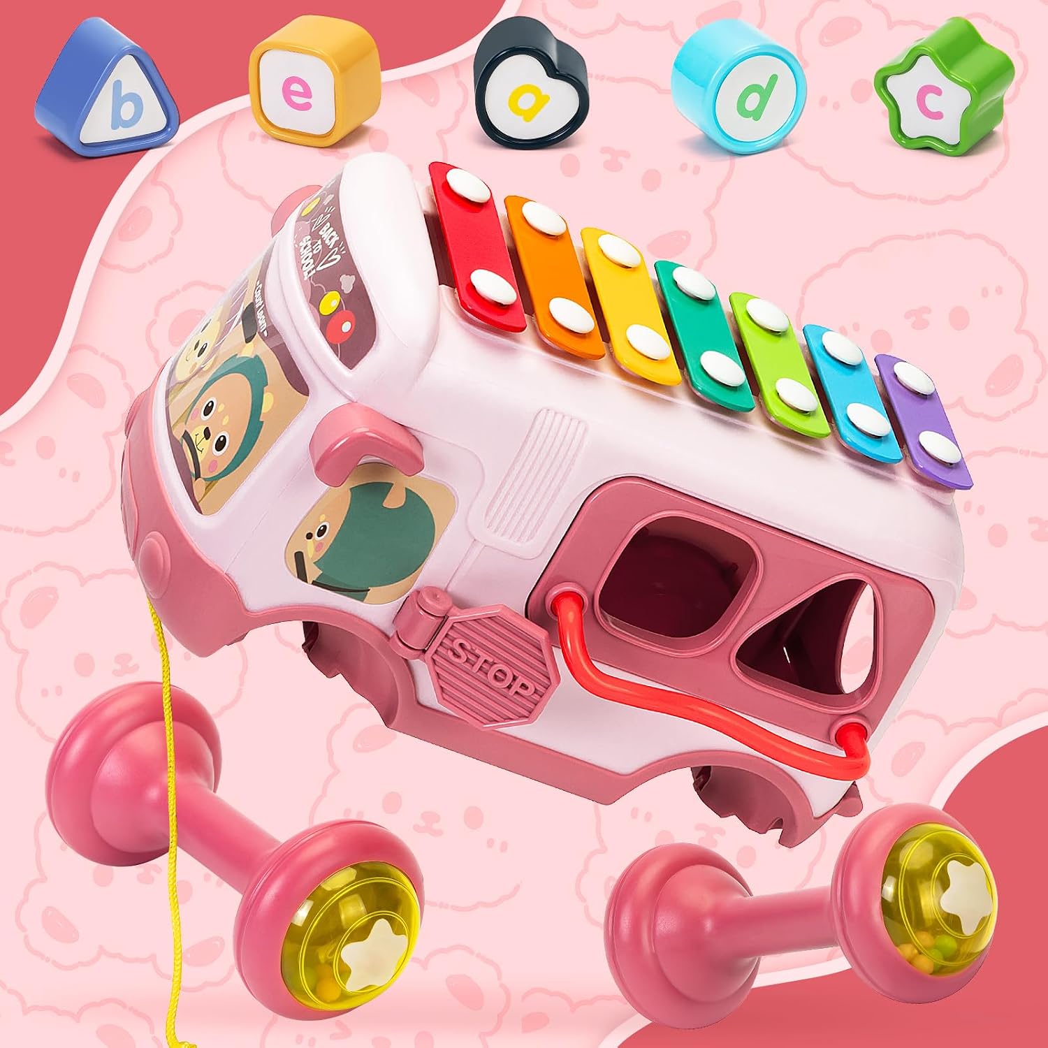 Detalle de Musical Sensory Bus Pull Along Toy 7.9 inches