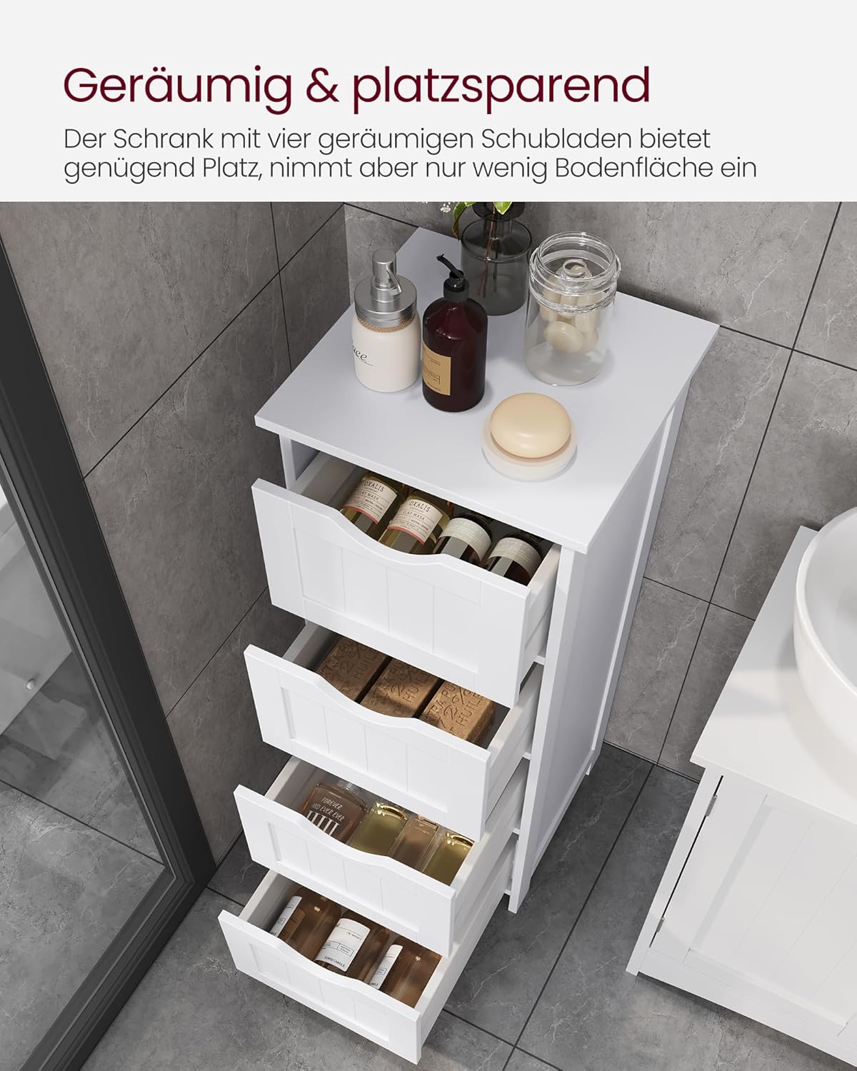 Detalle de VASAGLE Badezimmerschrank LHC40W mit 4 Schubladen (30 x 30 x 82 cm), weiß