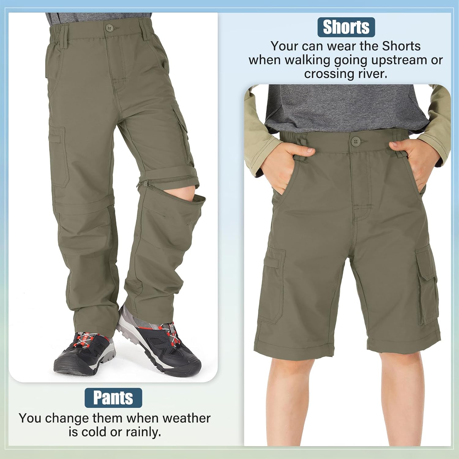 Detalle 2 de linlon Convertible Hiking Cargo Pants for Kids, UPF 50+ Quick-Dry Zip-Off