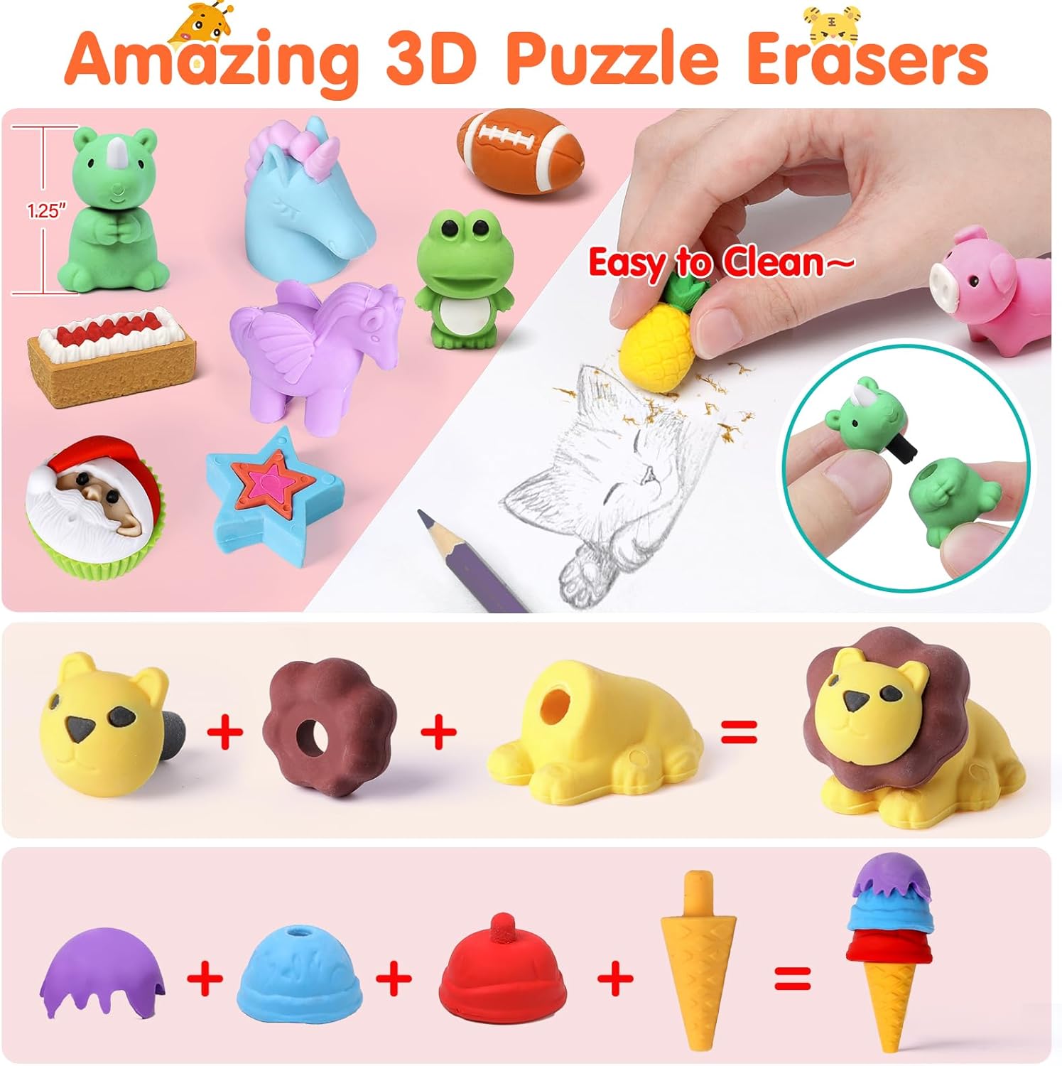 Thumbnail 4 de Moosia 120 Pack Animal Pencil Erasers for Kids: 3D Puzzle Take Apart Desk Pets & Party Favors