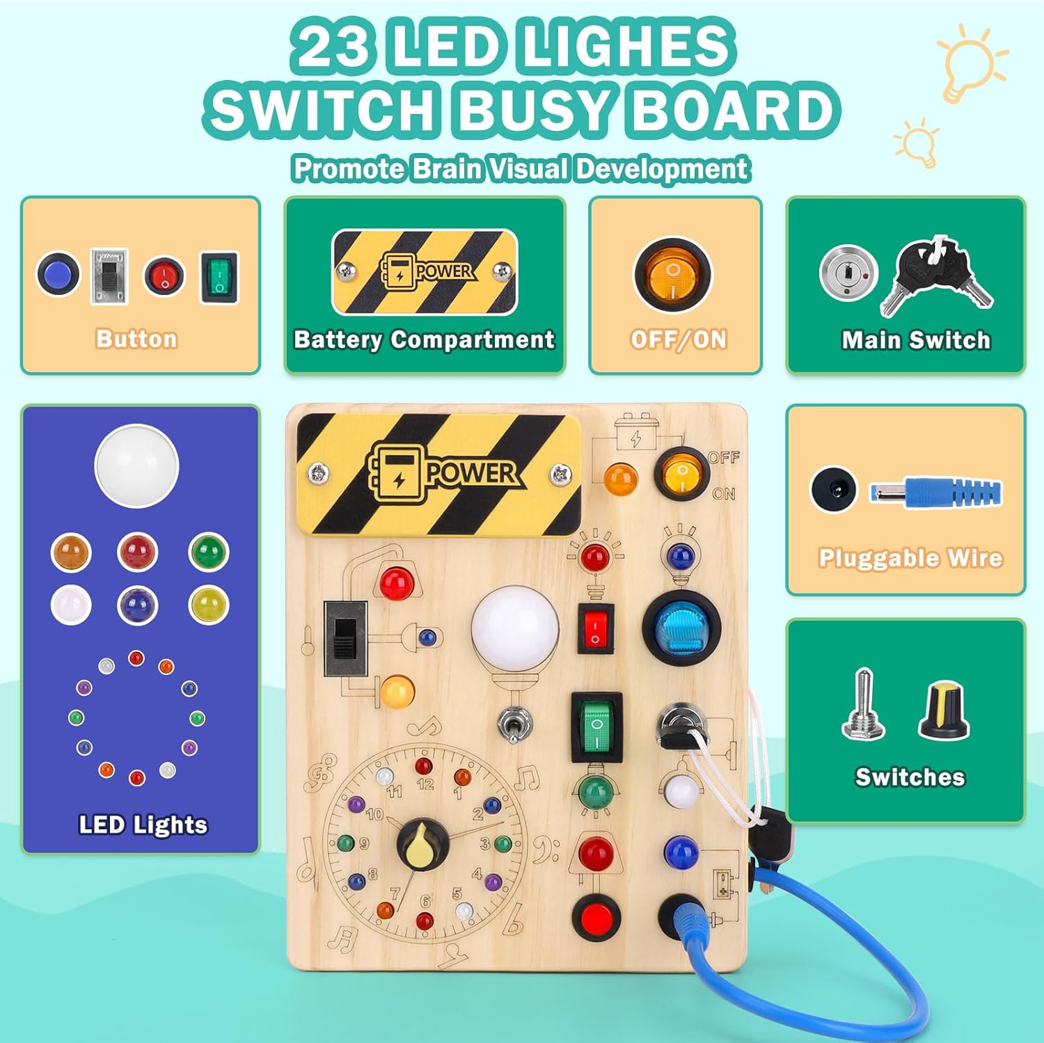 Thumbnail 1 de Montessori Busy Board Wooden Activity Board with 10 Switches 23 LEDs