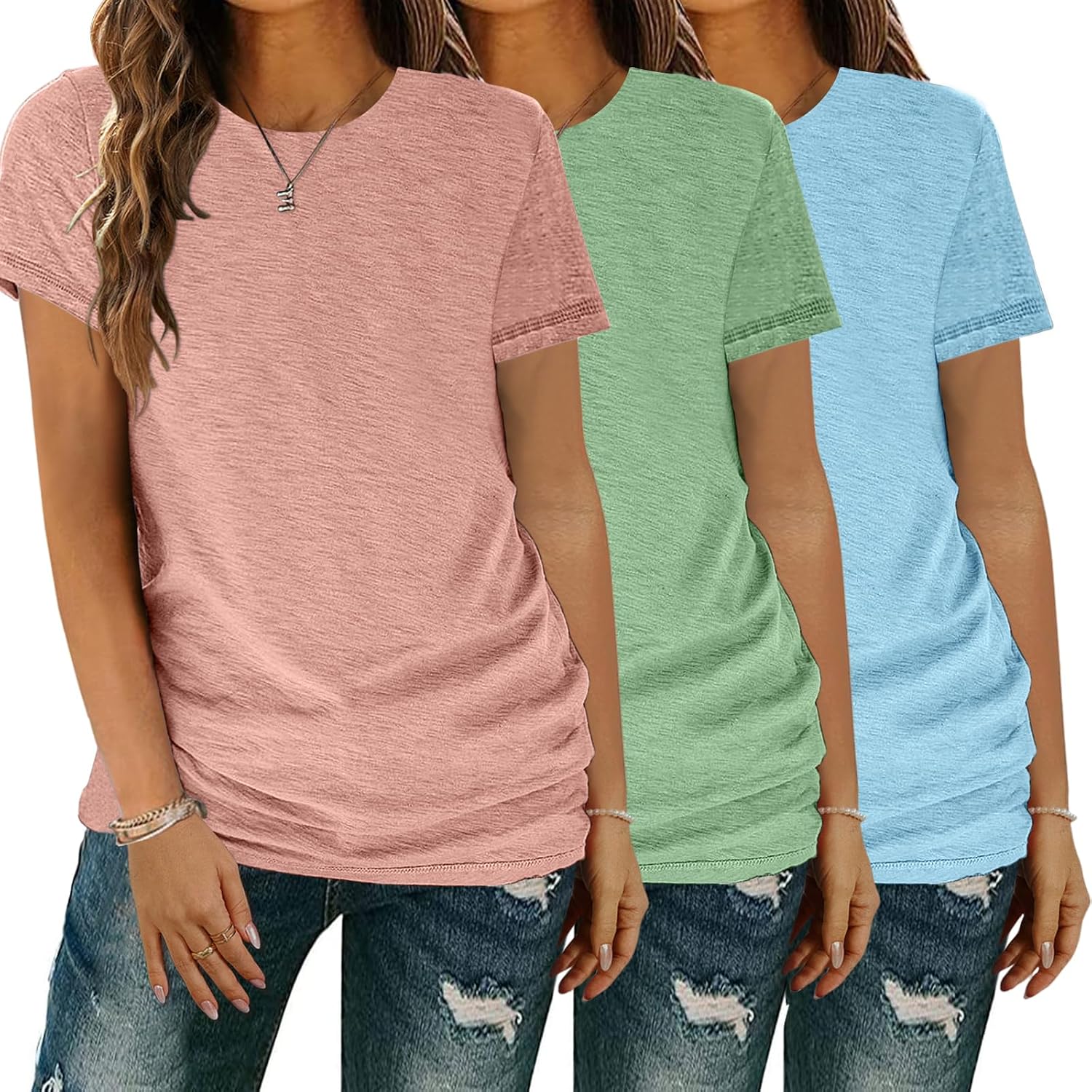 Detalle de YGOODM Damen T-Shirt 3er-Set Kurzarm mit Rundhalsausschnitt – Basic für den Sommer