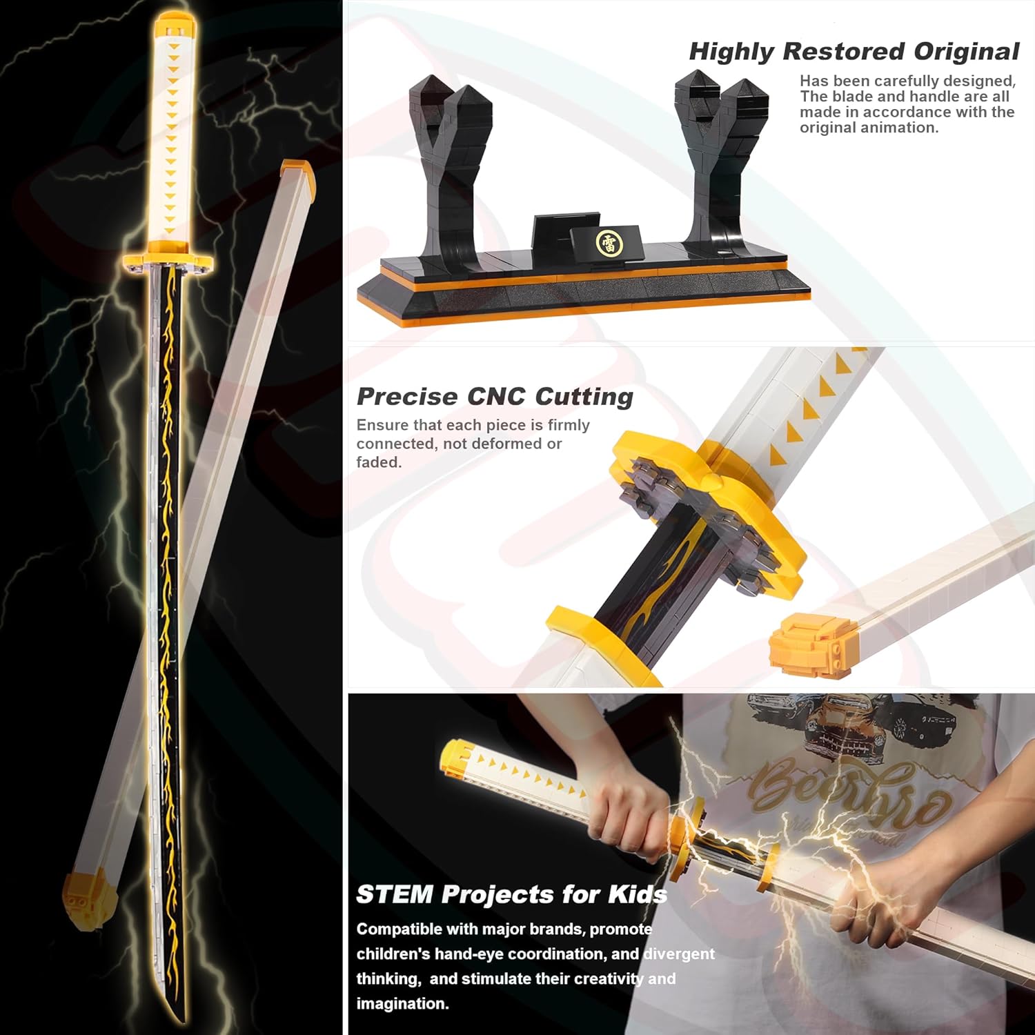 Detalle de Swords Building Set 39in Zenitsu Sword (956 Pieces) with Scabbard and Stand