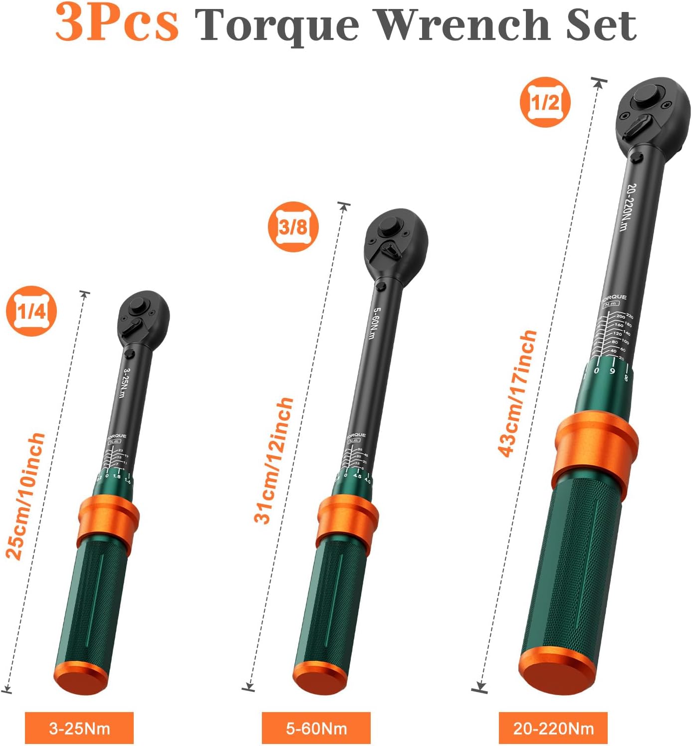 Thumbnail 1 de NADOKHI Drehmomentschlüssel Set 1/4", 3/8" und 1/2" Zoll – 3-tlg. mit 72-Zähne Ratsche, 3–25/5–60/20–220 Nm, ±3% Genauigkeit