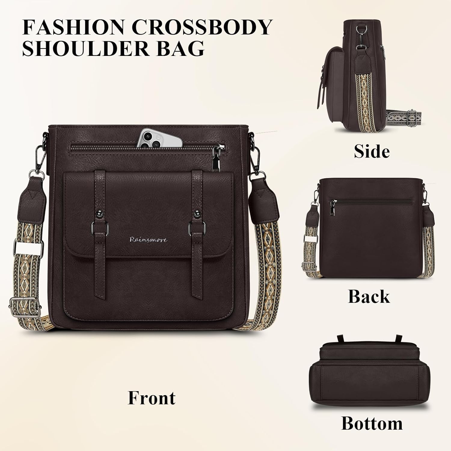 Thumbnail 4 de RAINSMORE Umhängetasche Damen Mittelgroß aus PU-Leder – Crossbody Bag mit breitem Schultergurt