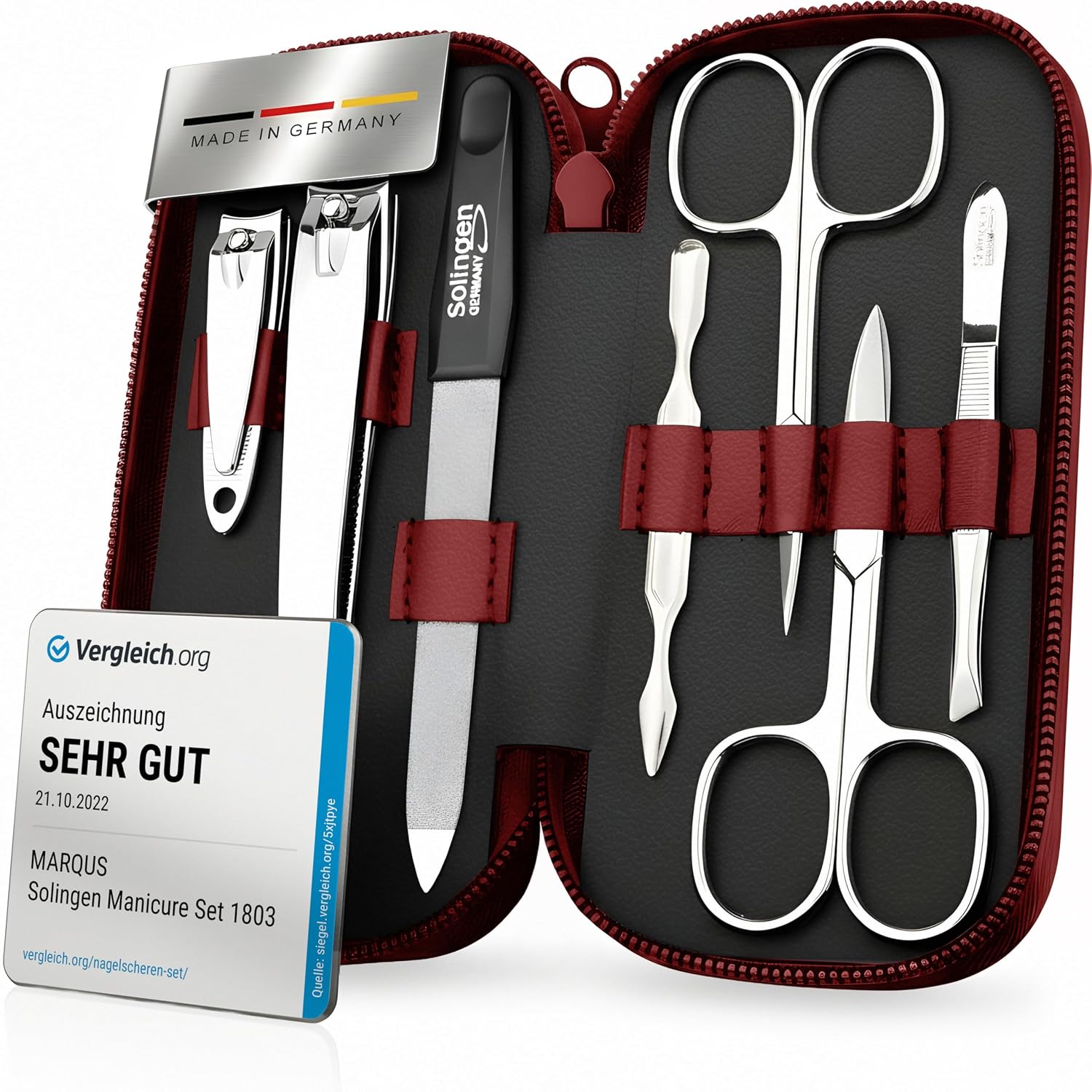 Detalle de Maniküre Set Solingen MarQus „marQus“ – 7-teiliges Nagelset im Echt-Leder-Etui (inkl. Scheren, Pinzette & Saphir-Nagelfeile)