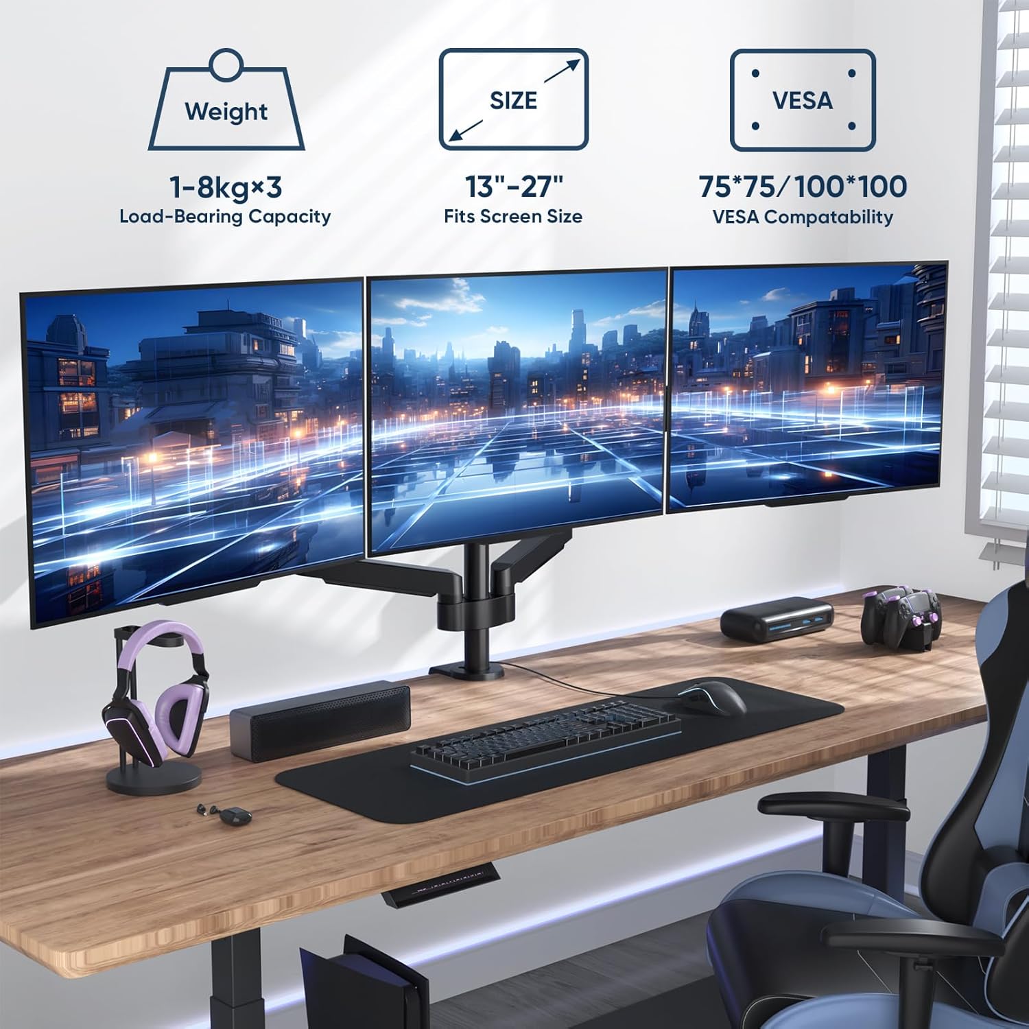 Detalle 2 de Supporto triplo per monitor EP Gear a molla