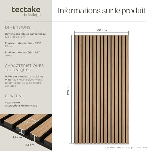 Thumbnail 2 de tectake – Lot de 4 panneaux acoustiques muraux et plafond en MDF avec placage bois (120 x 60 x 2,1 cm par panneau)