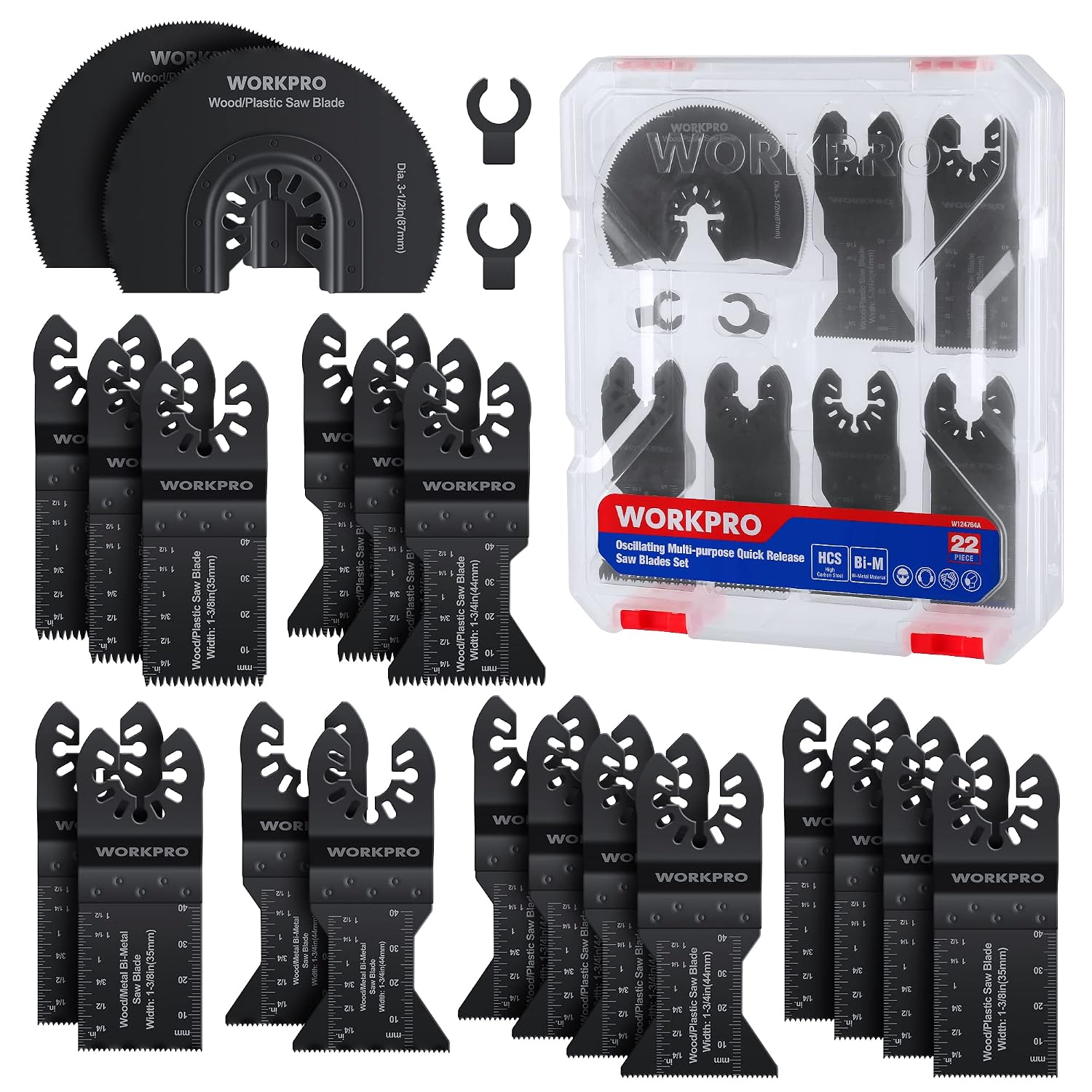 Coffret de 22 lames de scie oscillante WORKPRO 22Pcs (universelles) pour bois, métal, plastique et clous