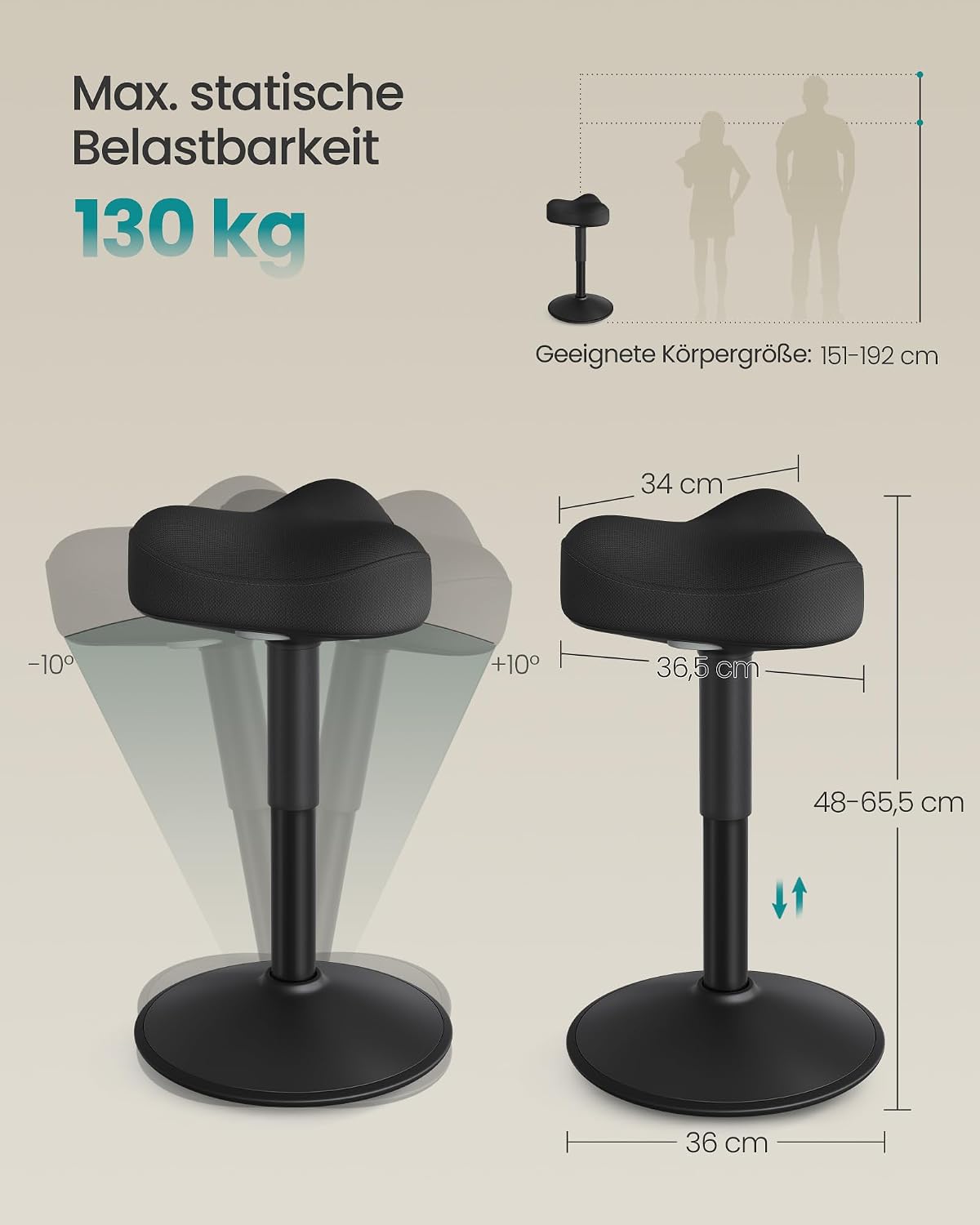 Thumbnail 2 de SONGMICS Hocker OSC018BH01 – Stehhocker mit 10° Neigung, höhenverstellbar 48–65,5 cm, Anti-Rutsch-Sockel, drehbarer Sattelsitz
