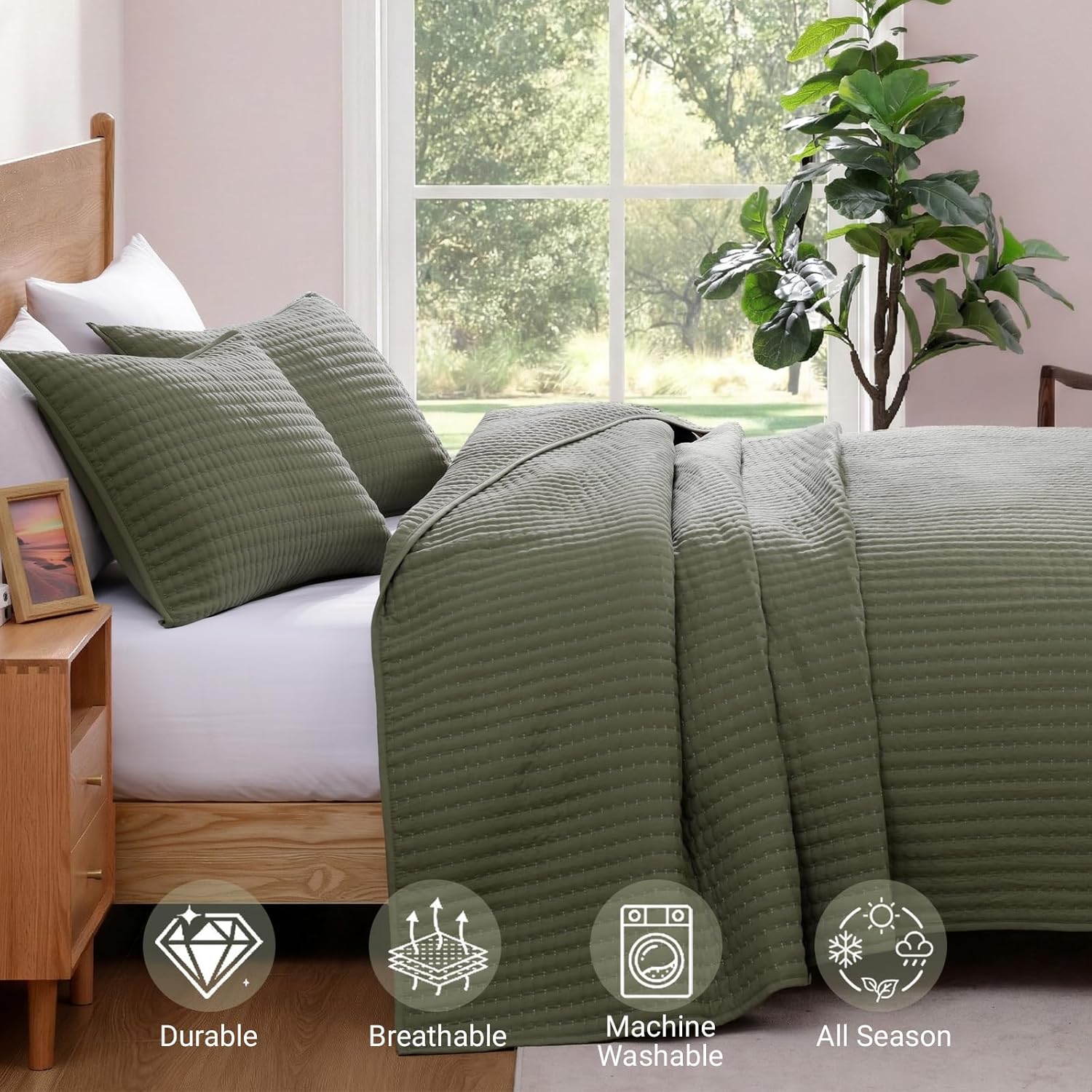 Detalle de WRENSONGE King Size Quilt 3-Piece Lightweight Bedding Set in Olive Green