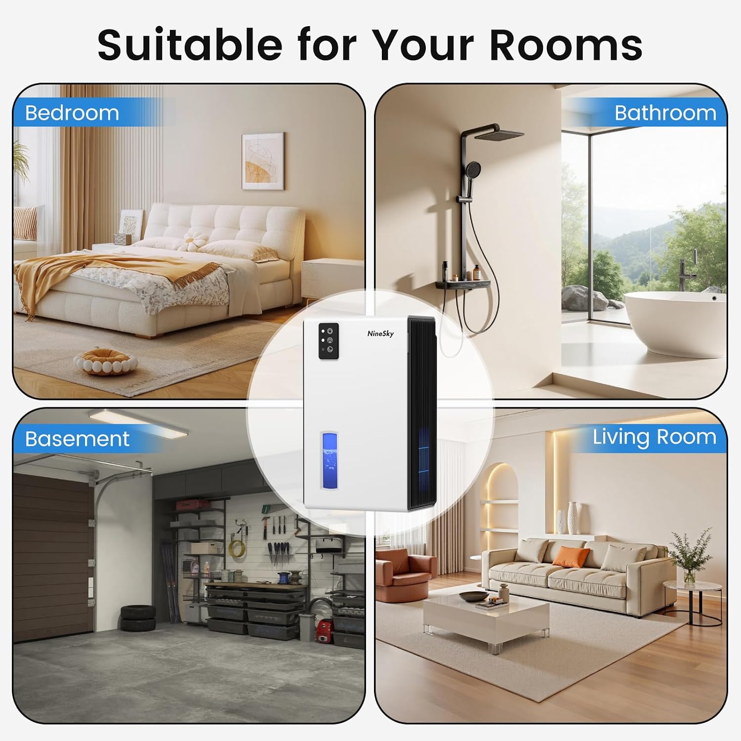 Detalle de NineSky 1000 Sq Ft Dehumidifier with 95oz Tank, Quiet Operation, Auto Shut-Off, and 7-Color Ambient Light