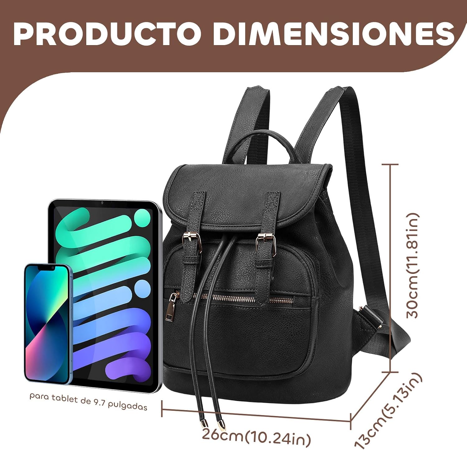 Detalle de Leathario Mochila Mujer Cuero PU multibolsillos 32x14,6x35 cm