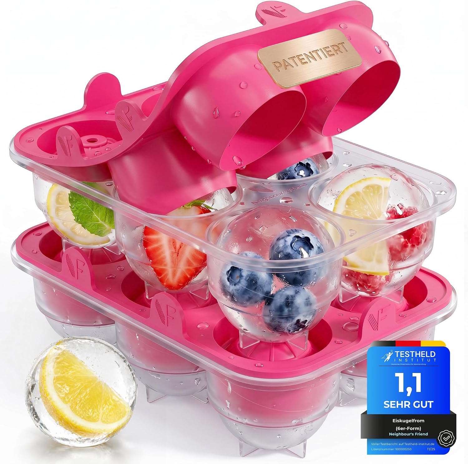 Detalle de Neighbour’s Friend® Pink Eiskugelform XL 2er Set – Große Platinsilikon-Eiswürfel für Cocktails, Infused Water und More