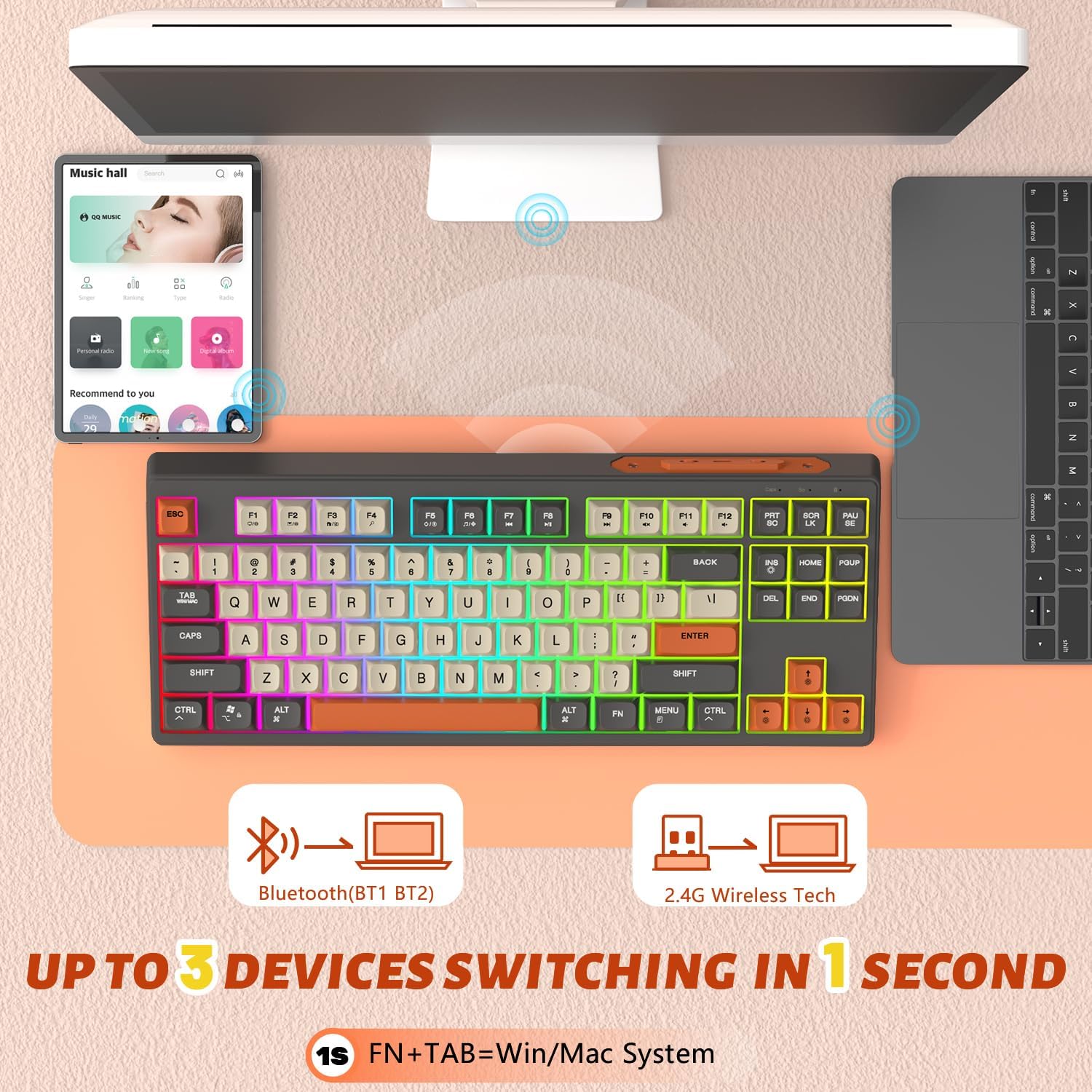 Detalle de ATTACK SHARK X FREEWOLF M87 tastiera wireless 80% QWERTY PBT doppia connettività Bluetooth/2.4Ghz RGB SA Grigio/Arancio