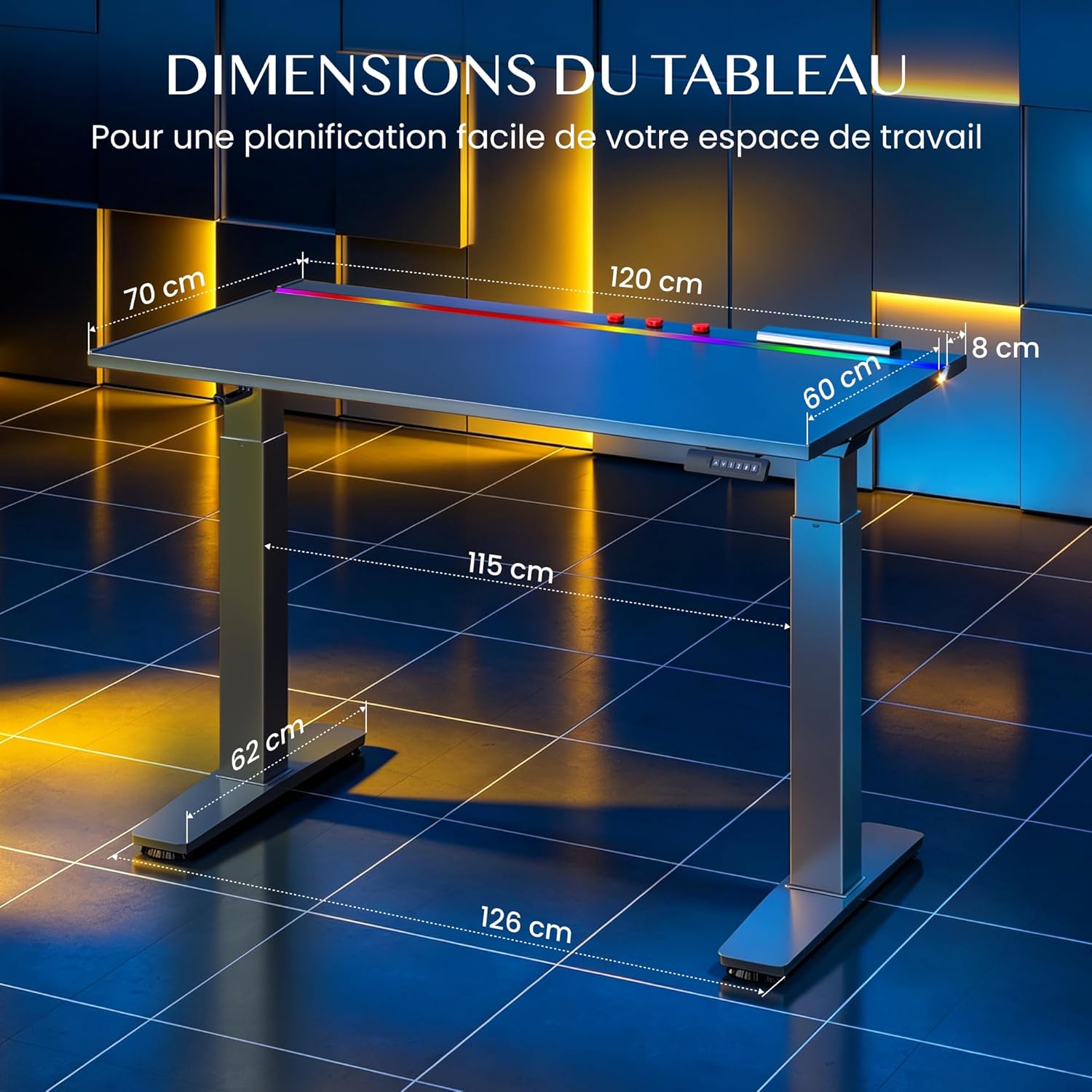Thumbnail 2 de Flexispot Bureau Gaming Assis Debout Électrique 120×70 cm – Double Moteur, Plateau Multicouche et RGB