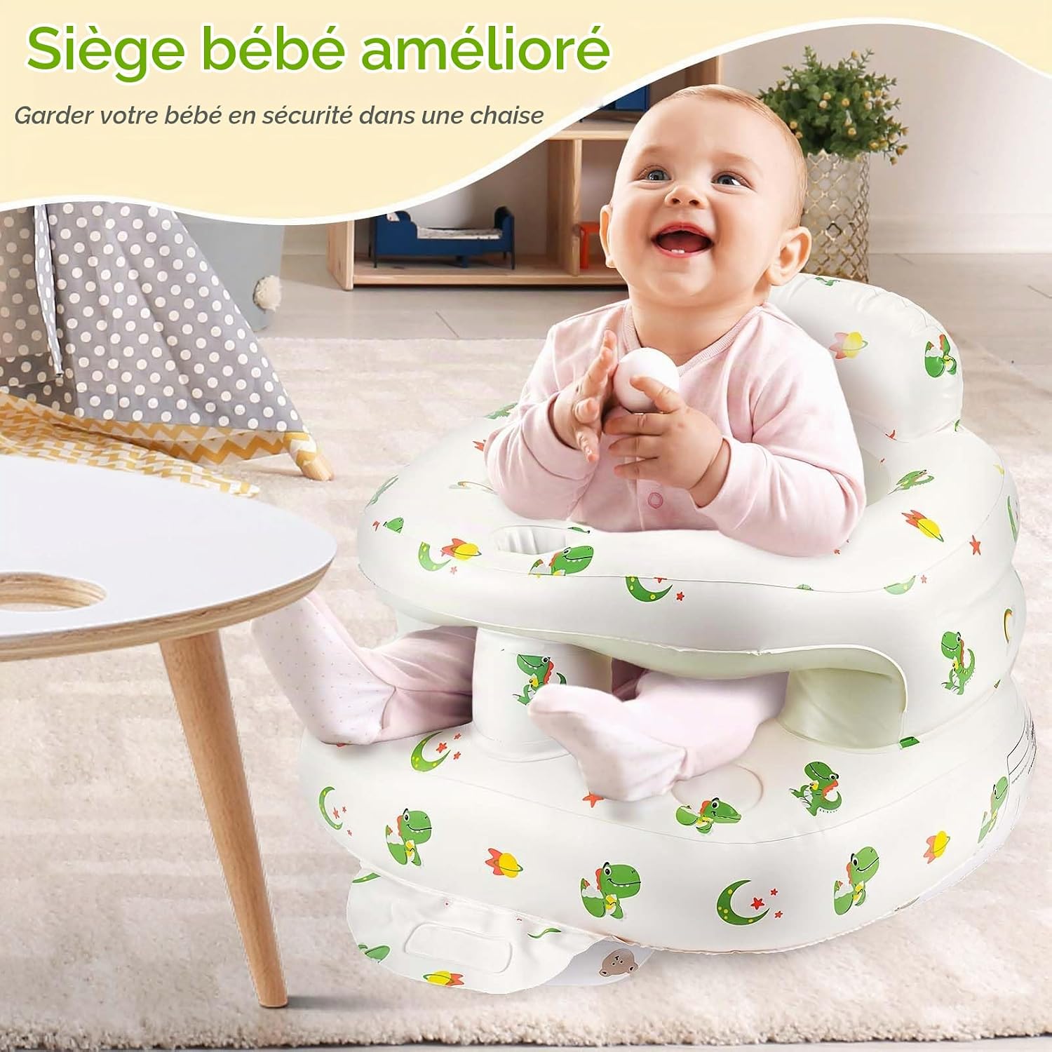 Detalle de FJJVILLEY opblaasbaar babyzitje met geïntegreerde pomp en rugsteun