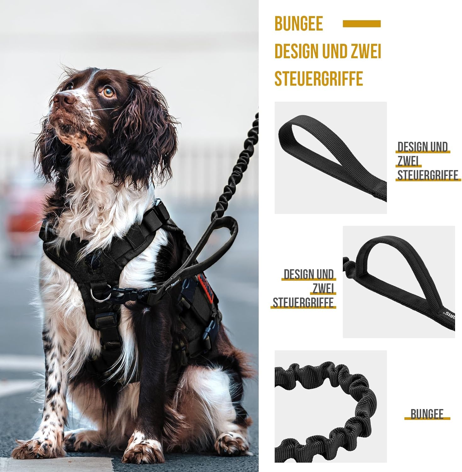 Detalle de OneTigris Laisse pour chien à ressort 86–120 cm en nylon avec clip tigre et double poignées – Noir