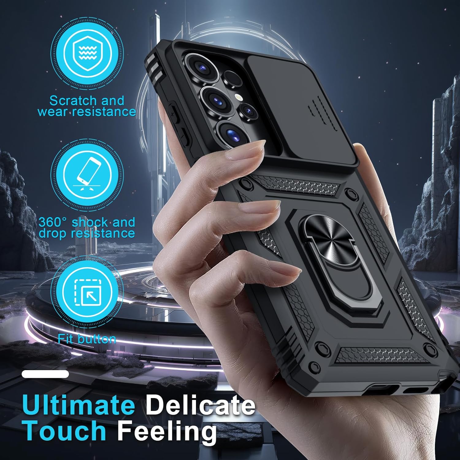 Thumbnail 6 de Janmitta Heavy-Duty Galaxy S26 Ultra Case with Sliding Camera Lens Cover, Screen Protector & 360° Metal Kickstand (2026 Black)