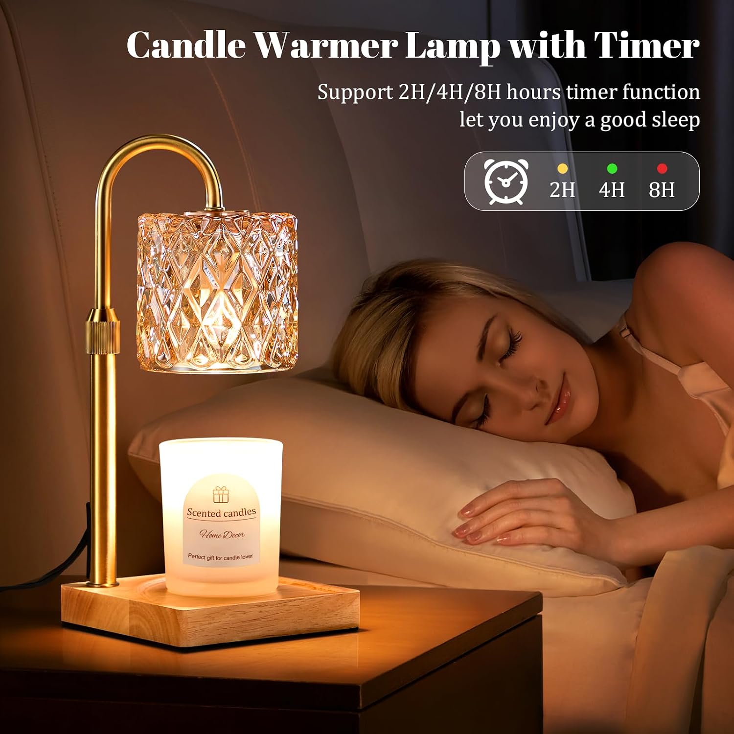 Detalle de Hong-in 6W8Q4 Candle Warmer Lamp with Timer, Adjustable Height and Amber Glass