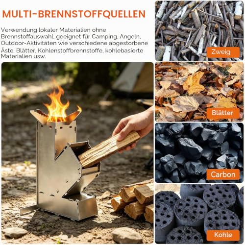 Detalle de Tomedny Camping-Raketenofen: Tragbarer Edelstahl-Holzofen mit abnehmbarem Grill und Lagertasche