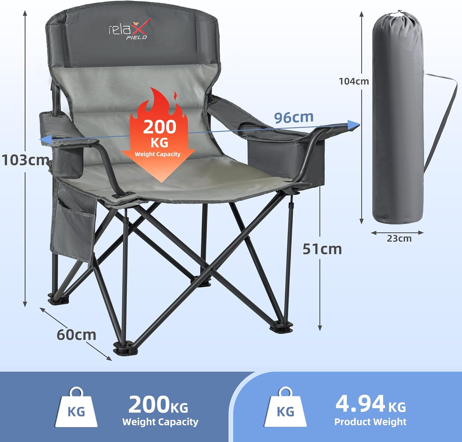Detalle de RELAX FIELD Set of 2 Oversized Camping Chairs for Adults – Heavy Duty, 200kg Capacity, Cup Holder & Cooler Bag (Grey)
