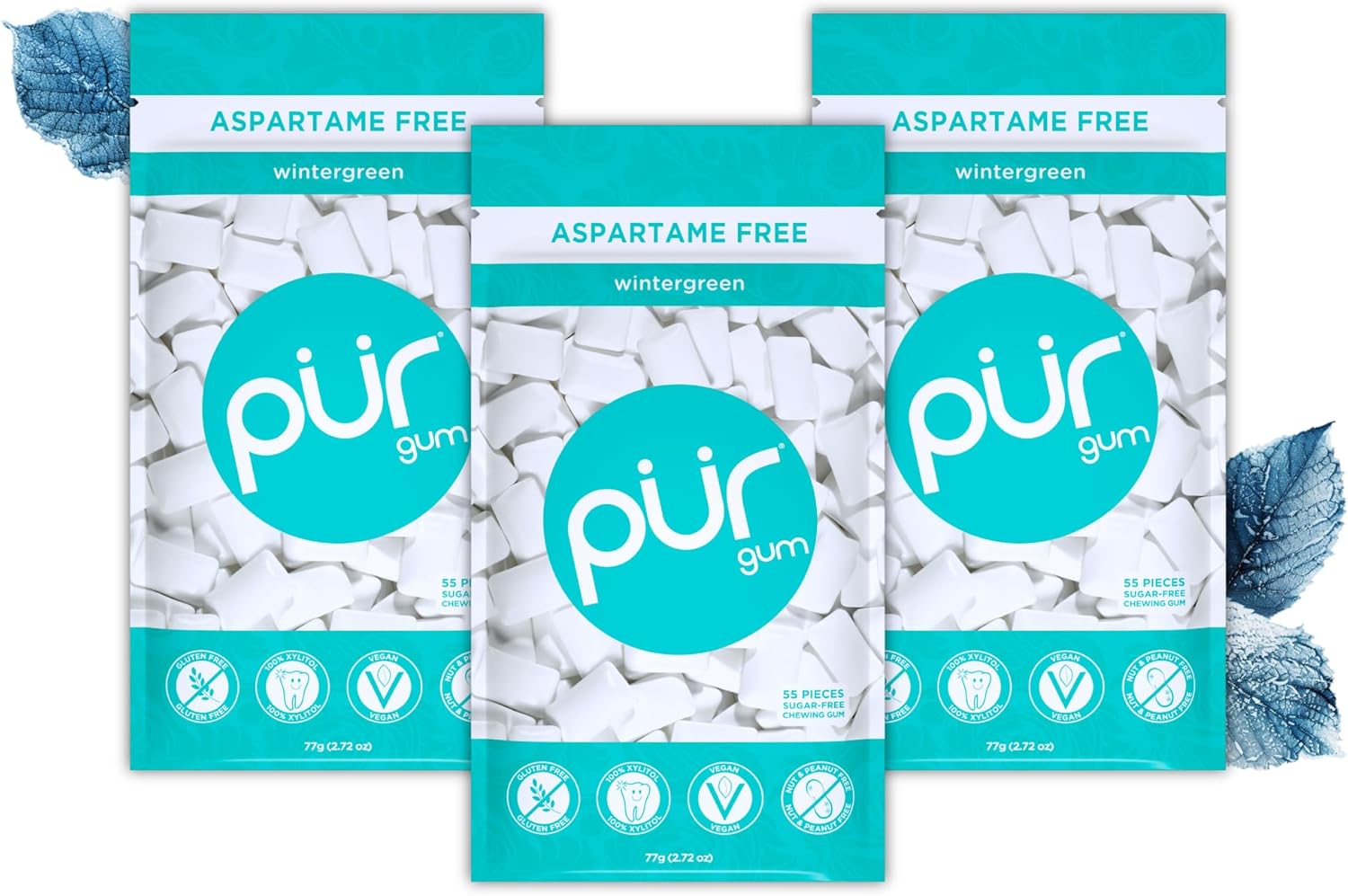 Detalle de PUR Gum Peppermint – Chewing-Gum sans sucre au xylitol, végan, sans gluten et sans ASPARTAME, 55 pièces (lot de 3)