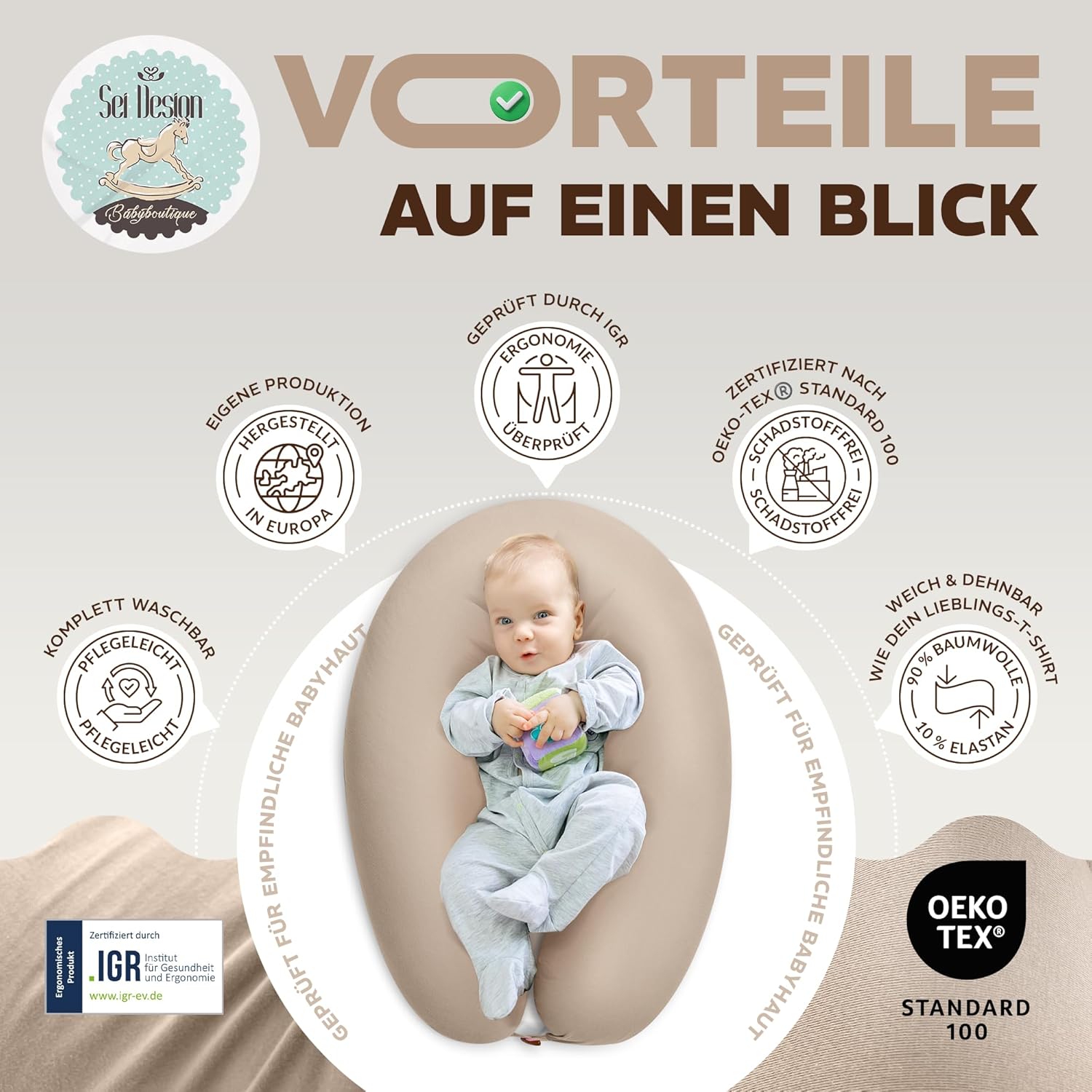 Thumbnail 5 de sei Design Stillkissen XXL 190x35 cm – Ergonomisch zertifiziert, waschbar, mit Faserbällchenfüllung und Premium-Jersey-Bezug