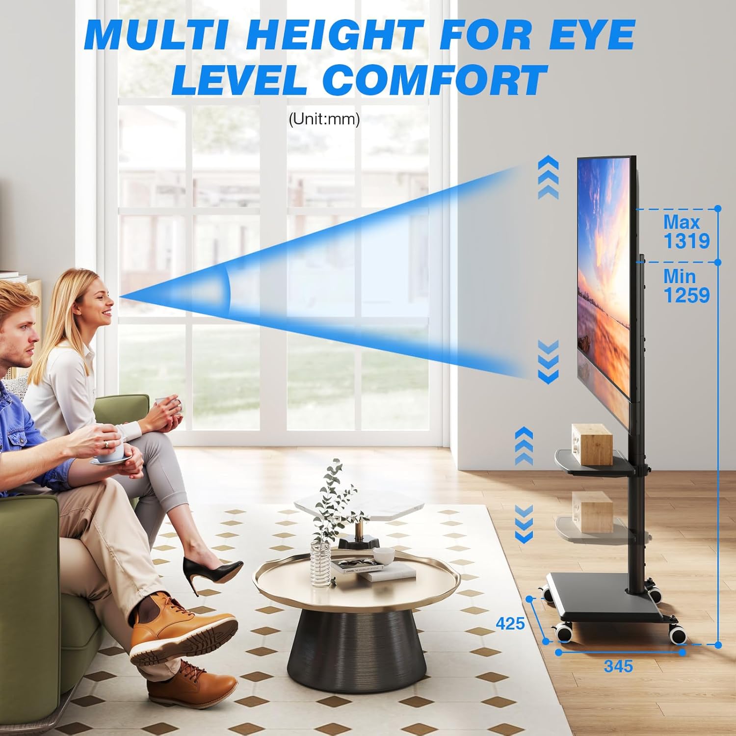 Thumbnail 3 de 5Rcom support TV sur pied à roulettes (VESA 400×400) pivotant et réglable en hauteur pour écrans 27 à 55 pouces, base en bois (noir)