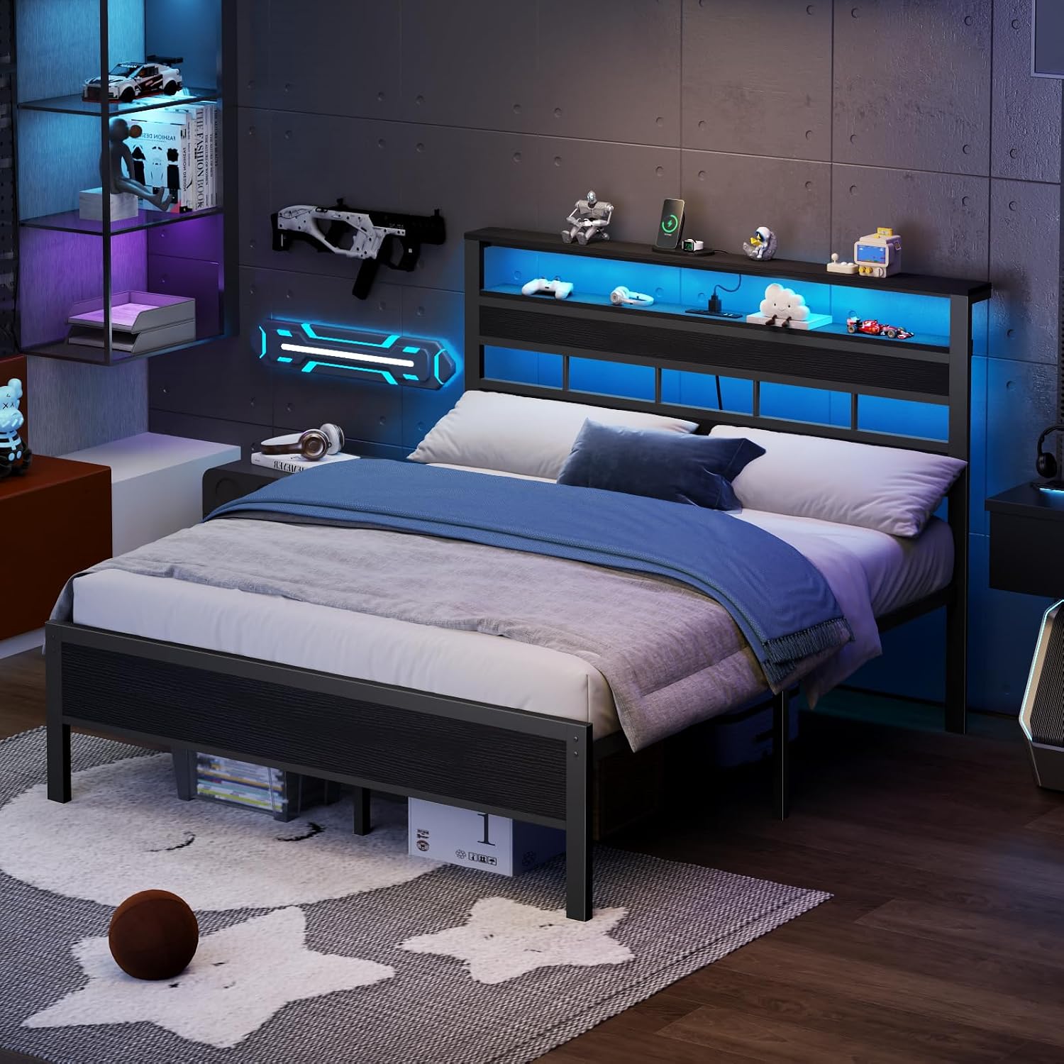 Detalle de Furnulem Queen Bed Frame, Black Oak