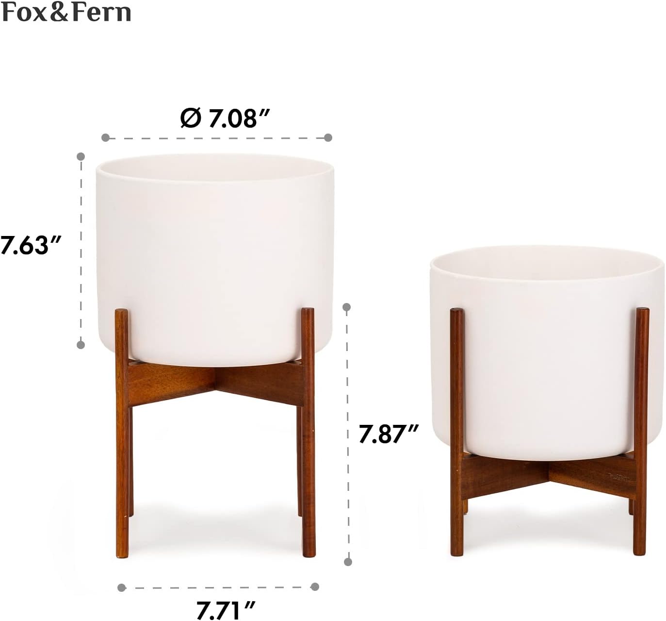 Detalle 2 de Fox & Fern Single Wooden Plant Stand with Pot, Reversible Height, White