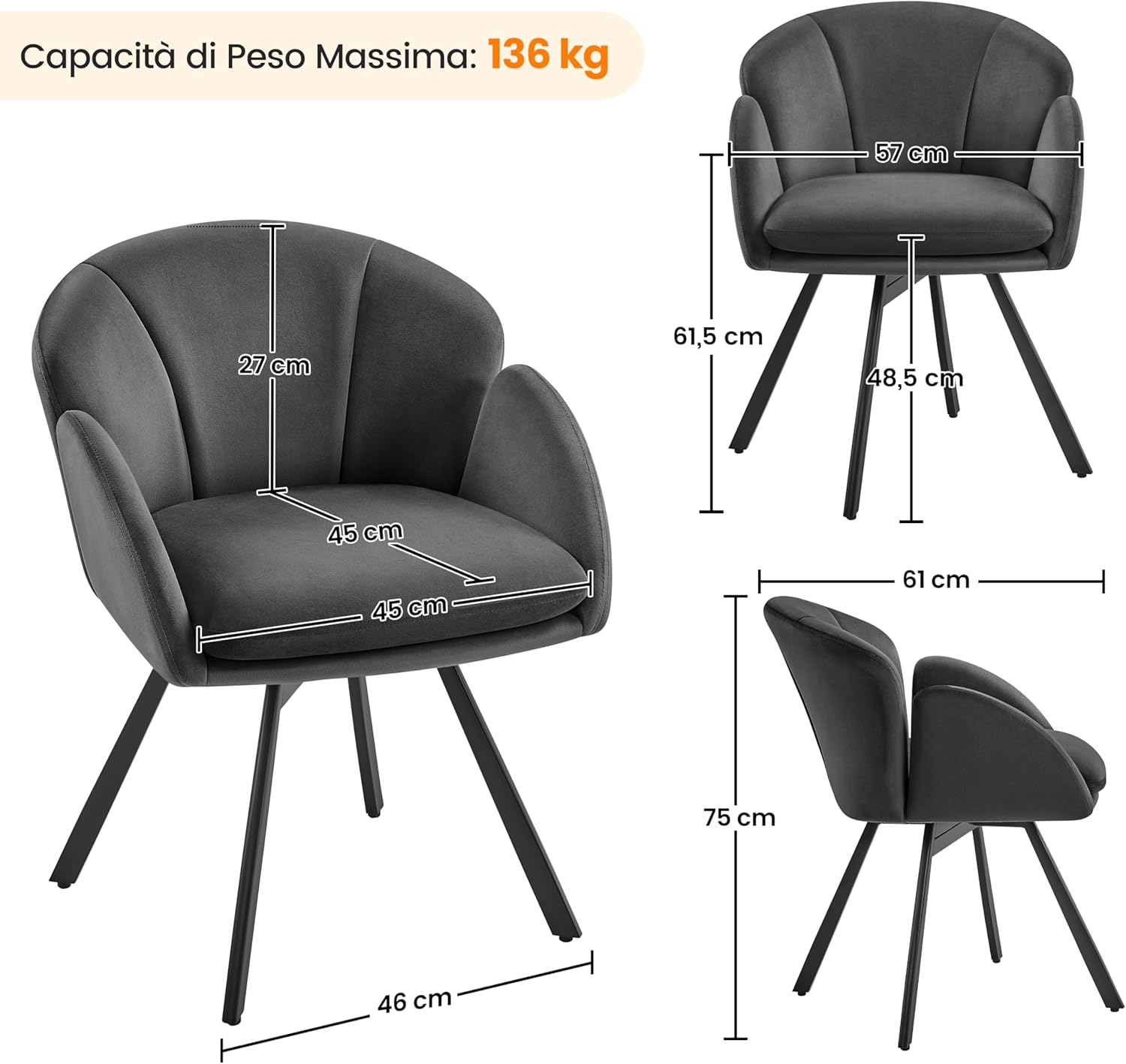 Thumbnail 2 de Yaheetech Sedia Imbottita da Pranzo in Velluto Grigio Scuro con Cuscino Rimovibile, Sedia girevole 360°